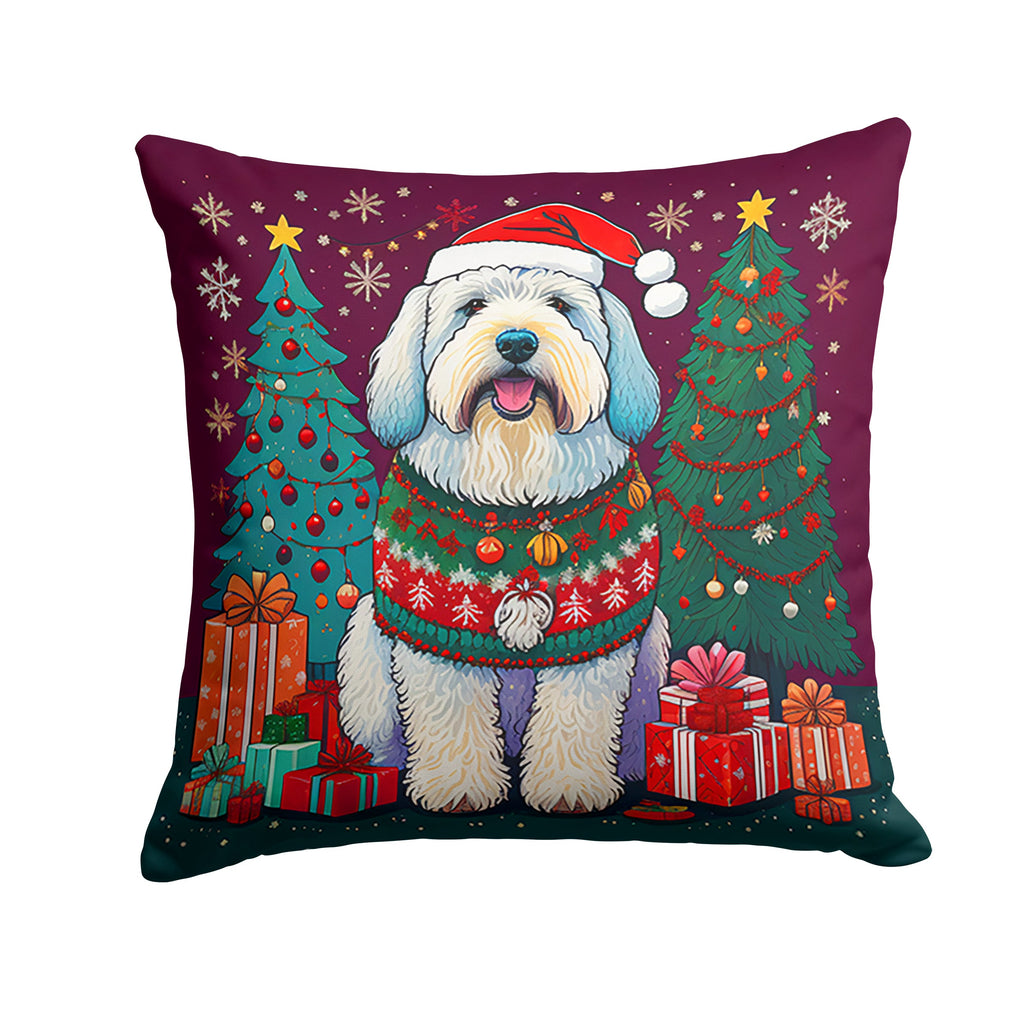 Old English Sheepdog Christmas Decorative Throw Pillow 14x14 Indoor Outdoor Accent Cushion, Fabric Cover with Insert for Sofa, Bed, Porch & Living Room
