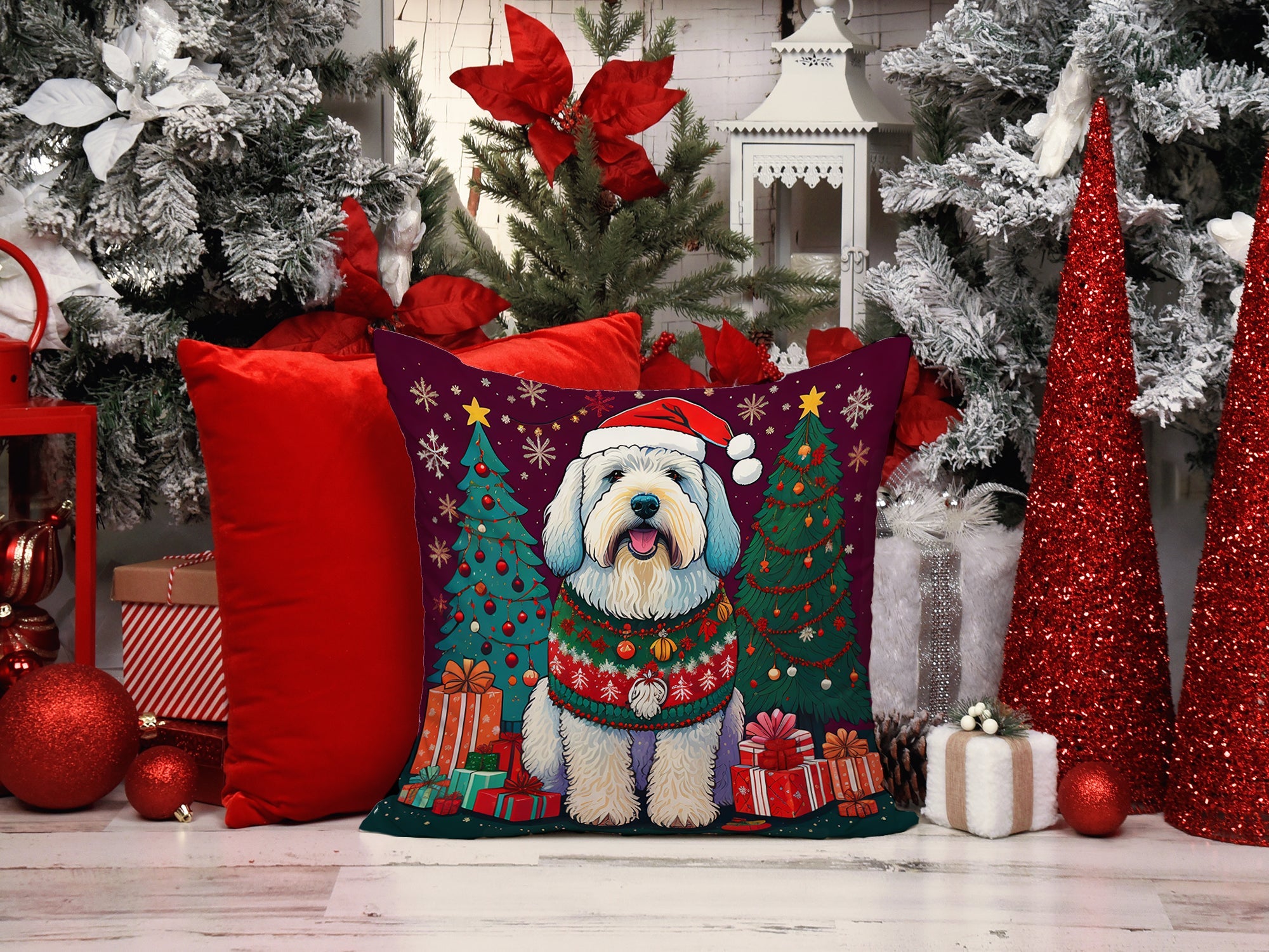 Old English Sheepdog Christmas Decorative Throw Pillow 18x18 Indoor Outdoor Accent Cushion, Fabric Cover with Insert for Sofa, Bed, Porch & Living Room
