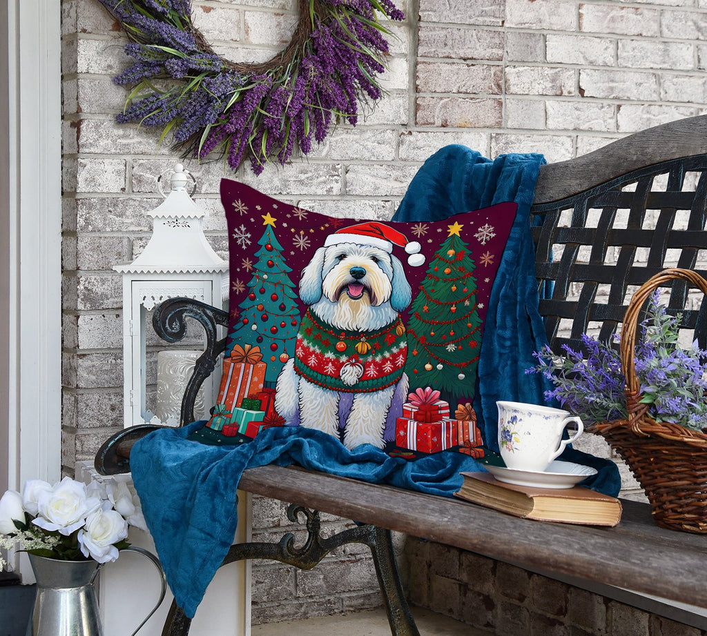 Old English Sheepdog Christmas Decorative Throw Pillow 18x18 Indoor Outdoor Accent Cushion, Fabric Cover with Insert for Sofa, Bed, Porch & Living Room