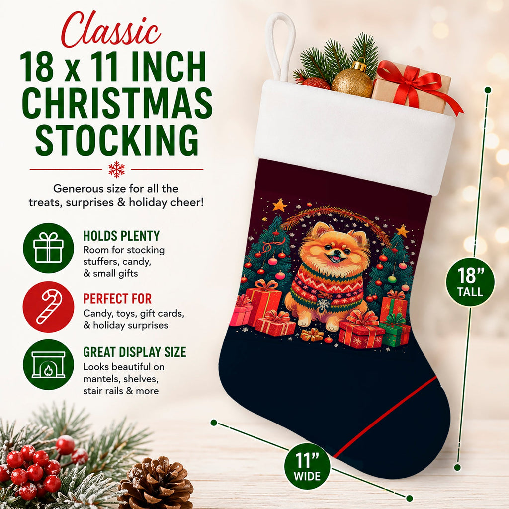Pomeranian Christmas Holiday Stocking Double-Sided Print, Polyester Suede,11x18, Made in USA