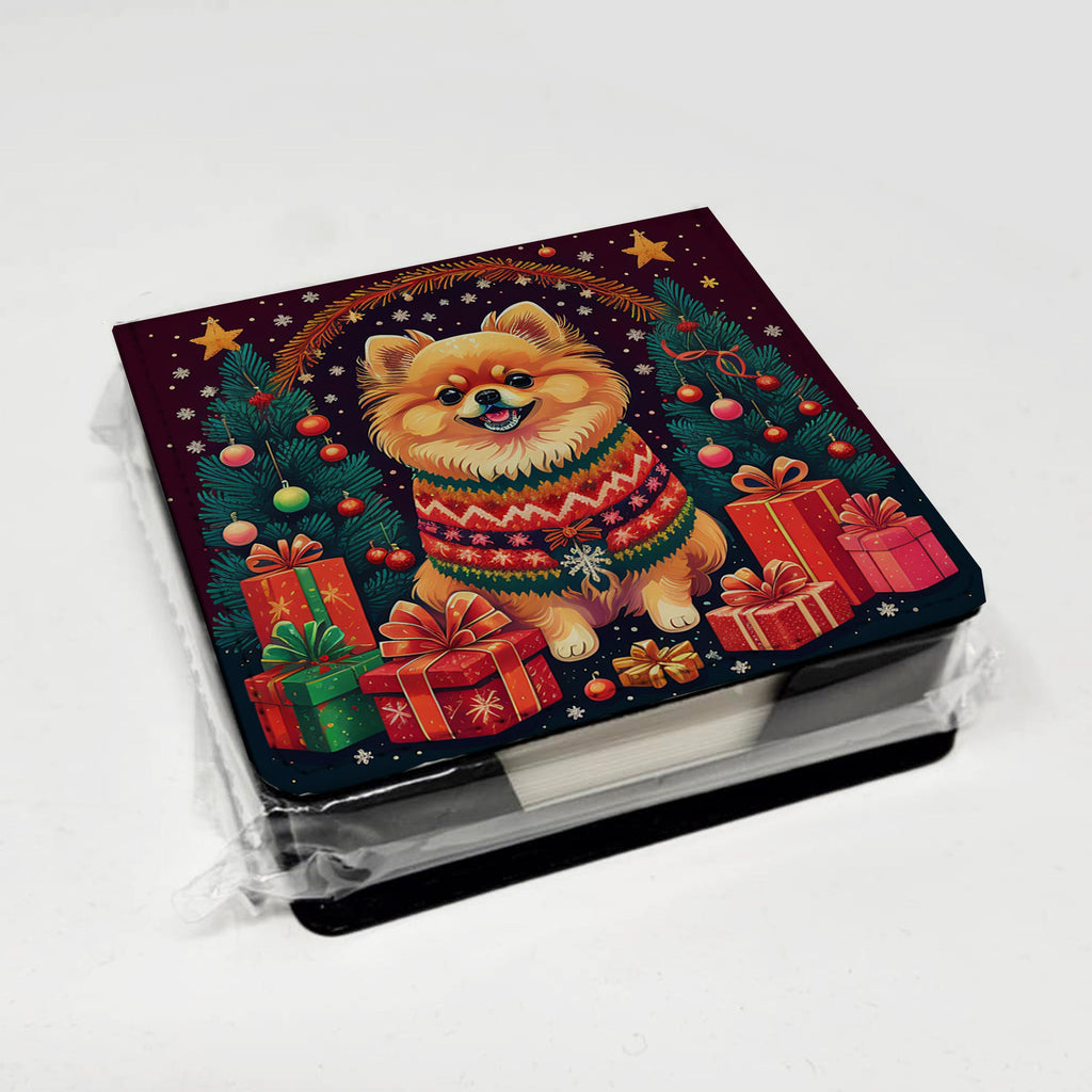 Pomeranian Christmas PU Leather Note Paper Holder with Artist-Designed Cover, Desk Accessory, Office Gift