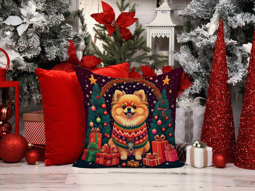 Pomeranian Christmas Decorative Throw Pillow 18x18 Indoor Outdoor Accent Cushion, Fabric Cover with Insert for Sofa, Bed, Porch & Living Room