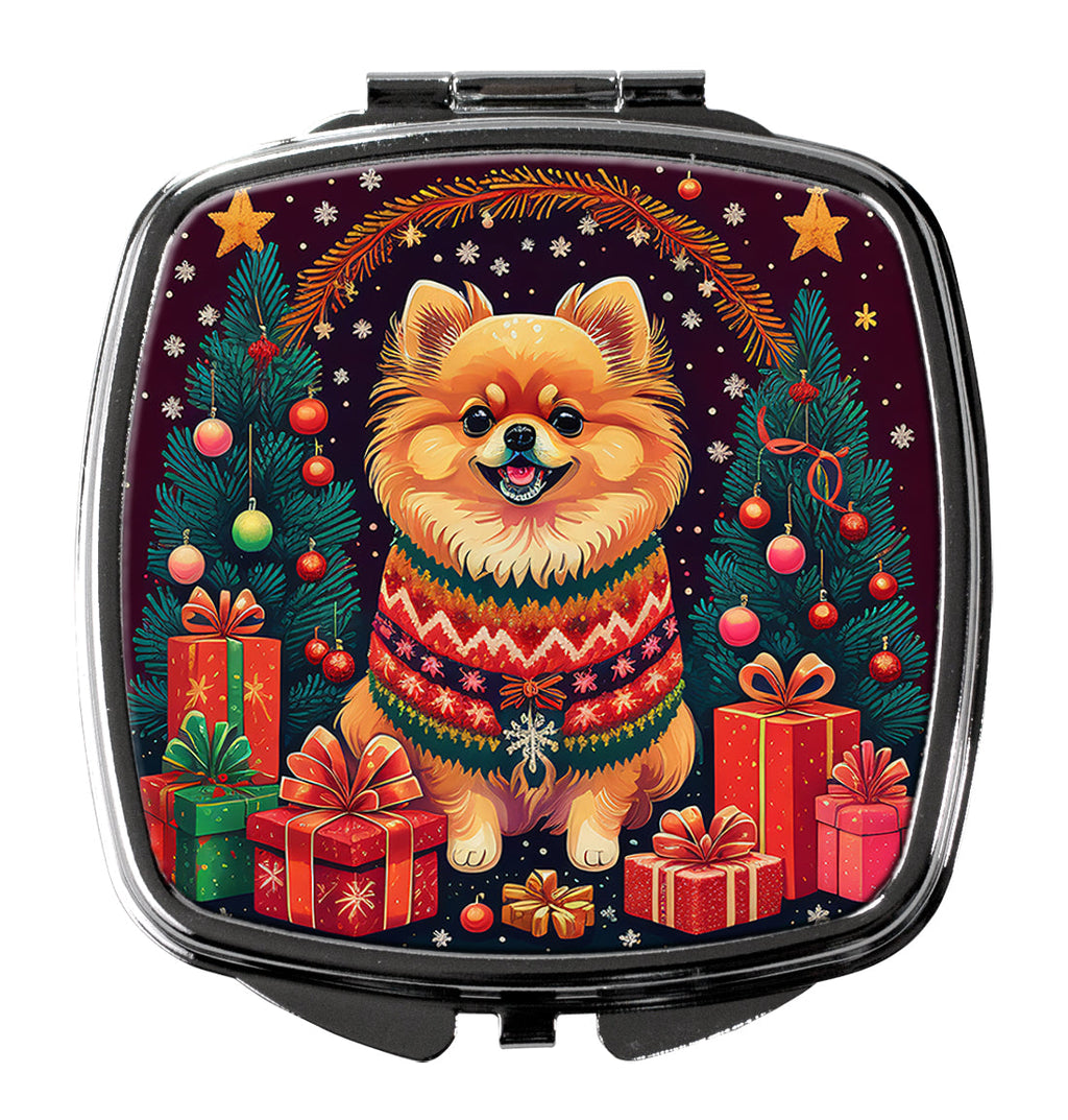 Pomeranian Christmas Compact Mirror Decorative Travel Makeup Mirror for Women Girls Gifts Pocket Makeup Mirror Folding Handheld