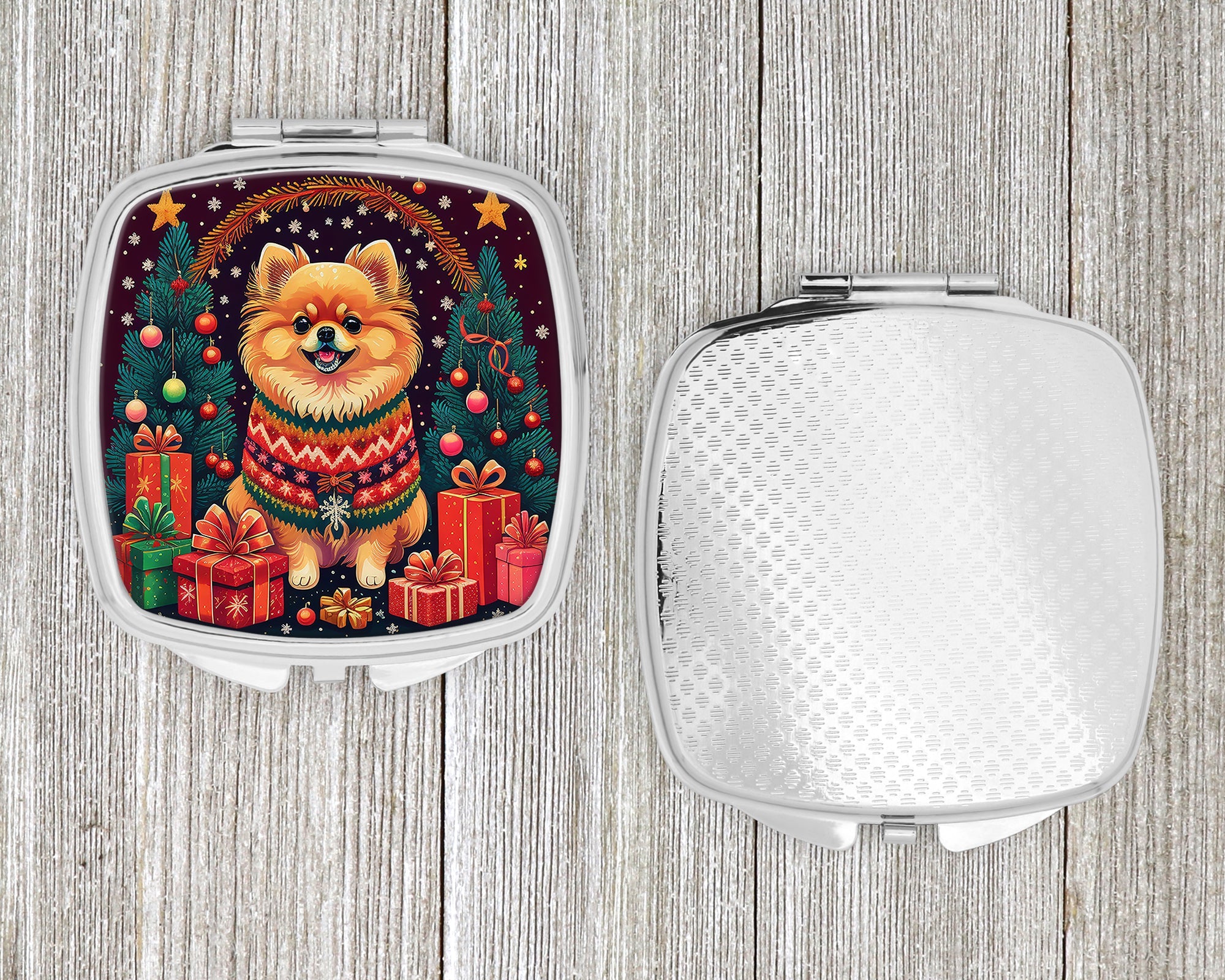 Pomeranian Christmas Compact Mirror Decorative Travel Makeup Mirror for Women Girls Gifts Pocket Makeup Mirror Folding Handheld