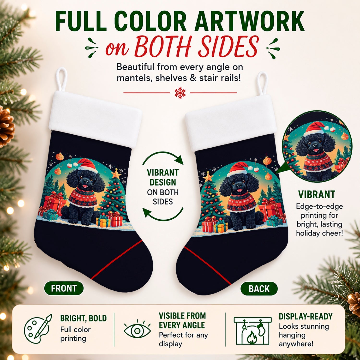 Black Toy Poodle Christmas Holiday Stocking Double-Sided Print, Polyester Suede,11x18, Made in USA
