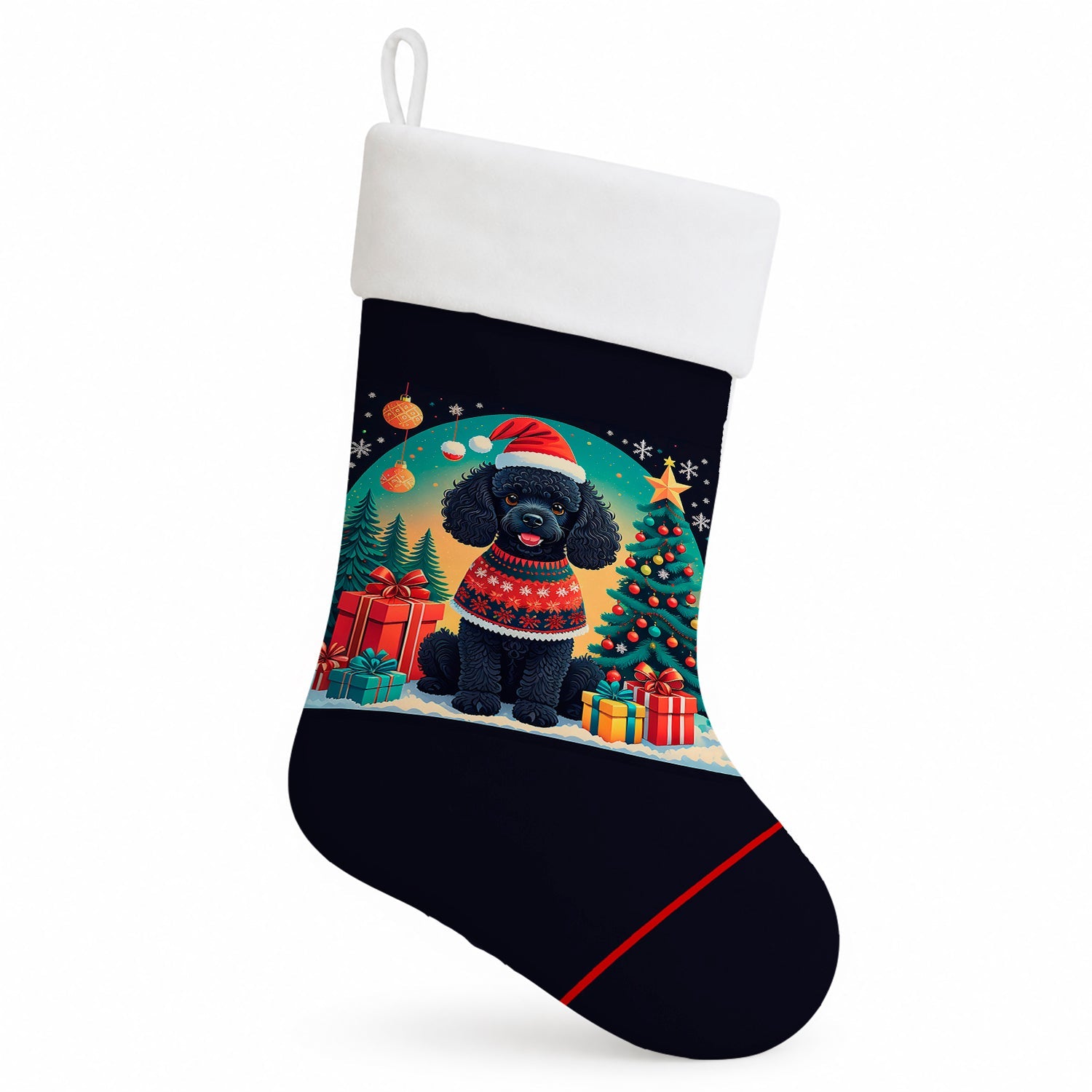 Black Toy Poodle Christmas Holiday Stocking Double-Sided Print, Polyester Suede,11x18, Made in USA