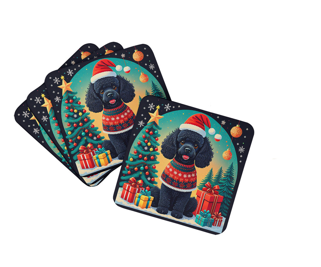 Black Toy Poodle Christmas Foam Coasters Set of 4 Cup Coasters for Indoor Outdoor, Tabletop Protection, Anti Slip, Mouse pad Material