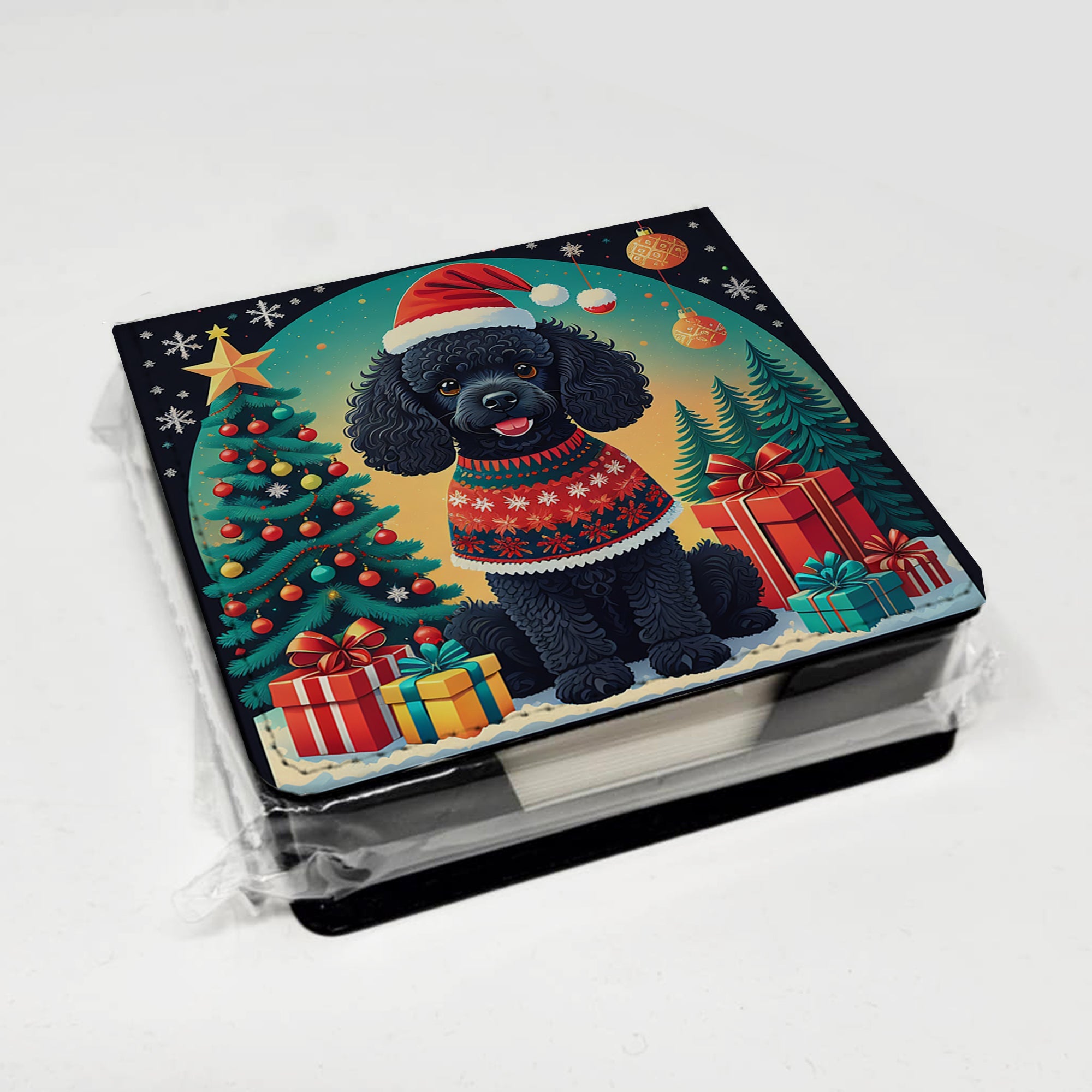 Black Toy Poodle Christmas PU Leather Note Paper Holder with Artist-Designed Cover, Desk Accessory, Office Gift