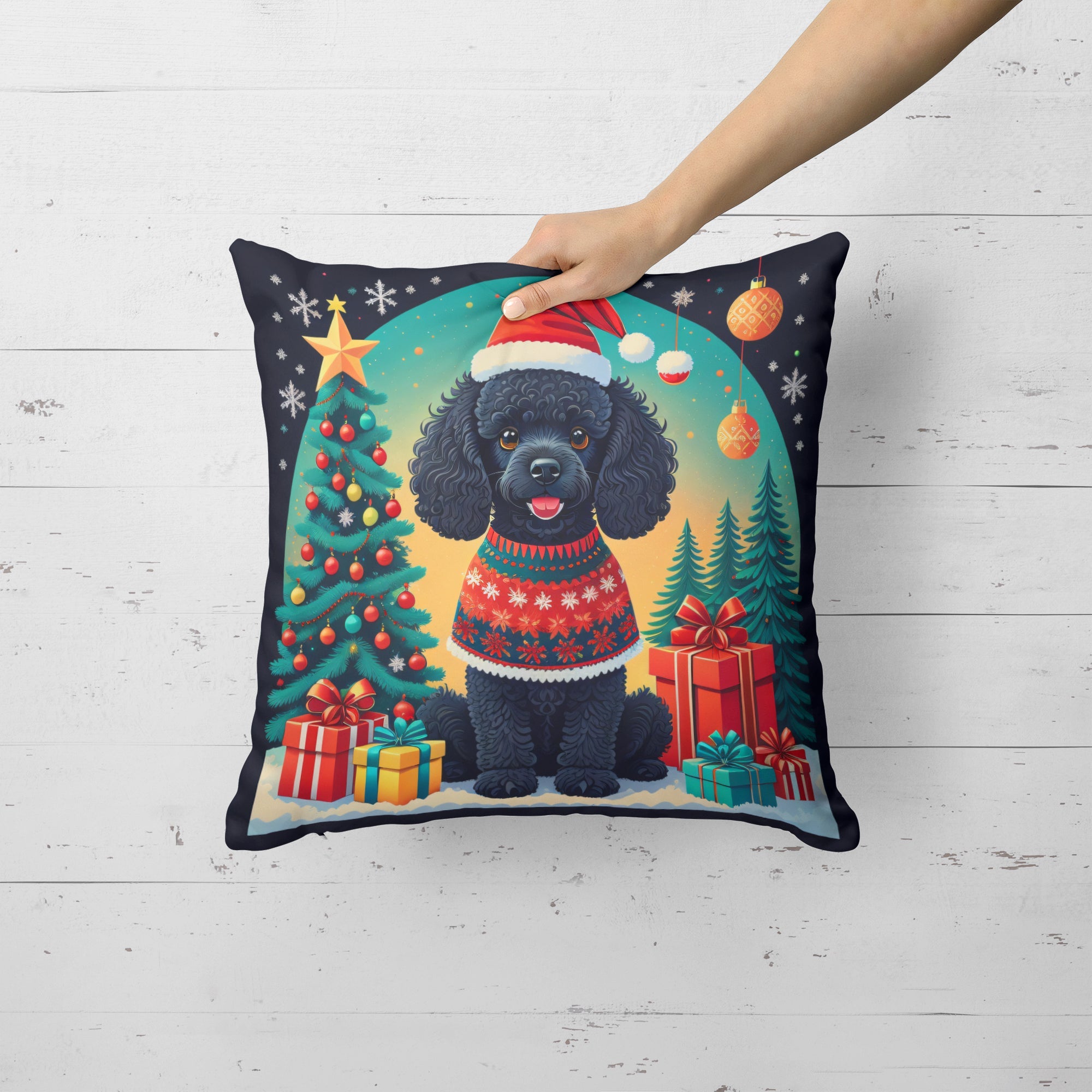 Black Toy Poodle Christmas Decorative Throw Pillow 14x14 Indoor Outdoor Accent Cushion, Fabric Cover with Insert for Sofa, Bed, Porch & Living Room
