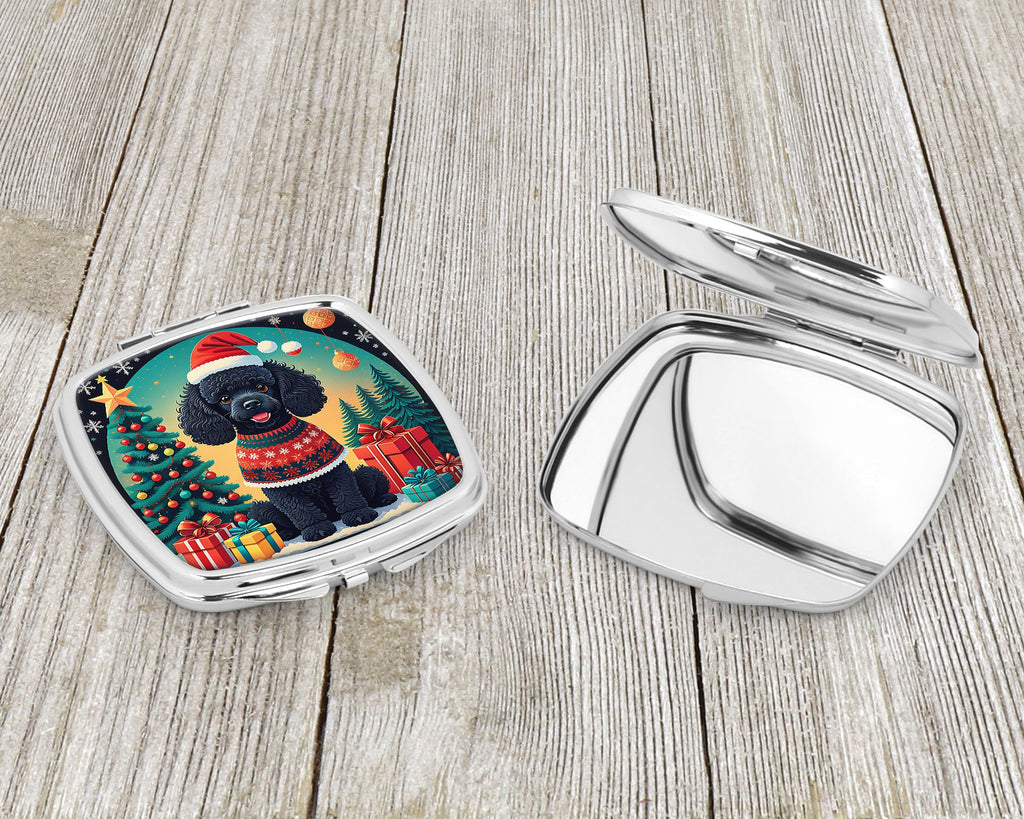 Black Toy Poodle Christmas Compact Mirror Decorative Travel Makeup Mirror for Women Girls Gifts Pocket Makeup Mirror Folding Handheld