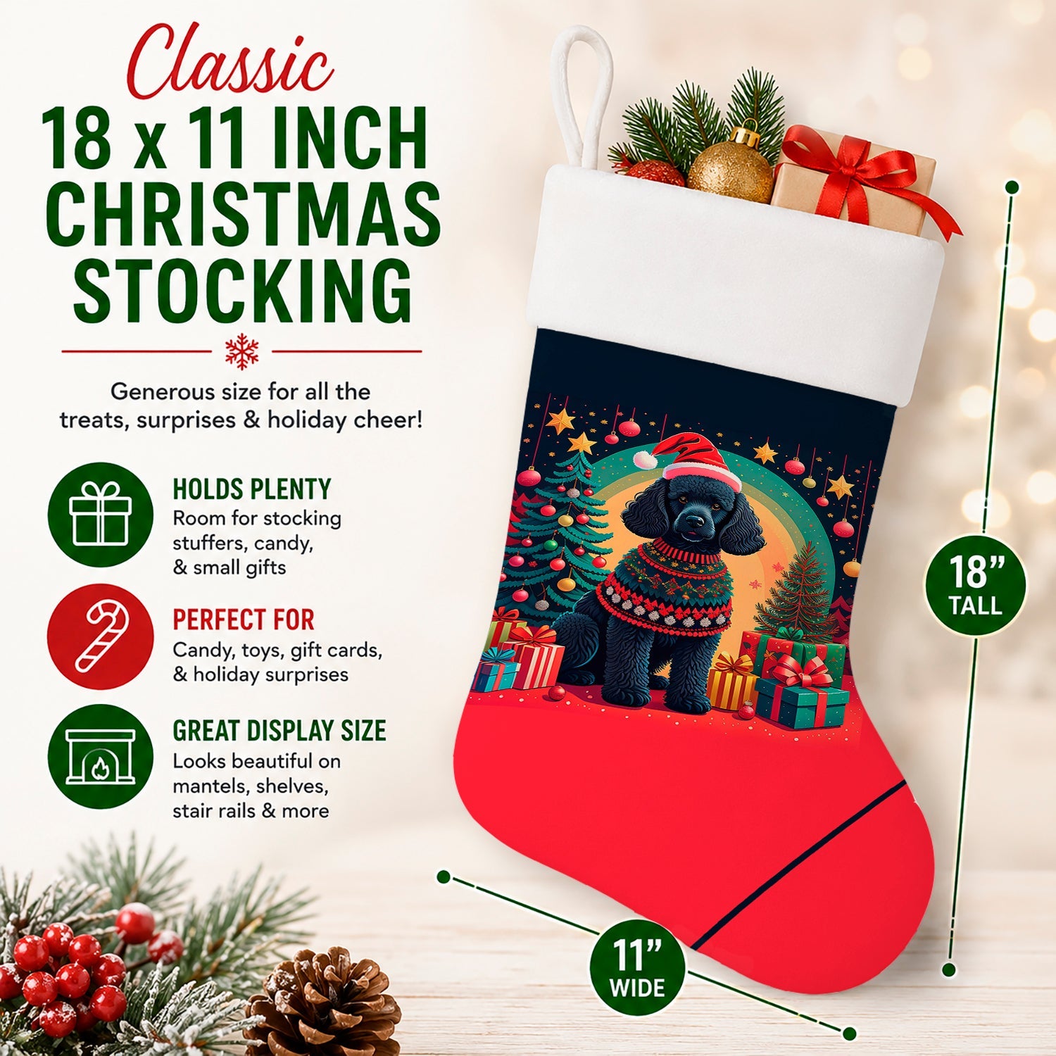 Black  Poodle Christmas Holiday Stocking Double-Sided Print, Polyester Suede,11x18, Made in USA