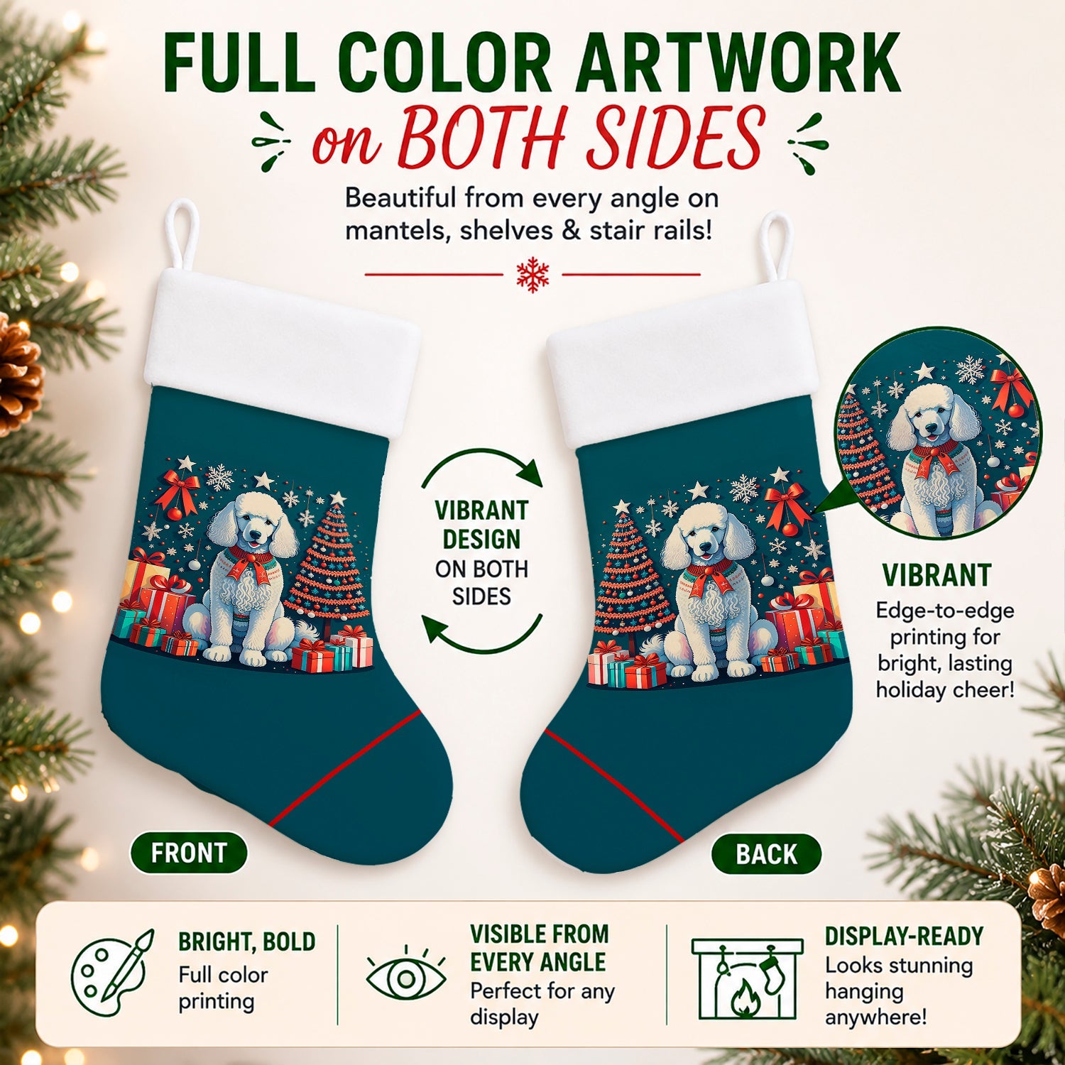 White Poodle Christmas Holiday Stocking Double-Sided Print, Polyester Suede,11x18, Made in USA