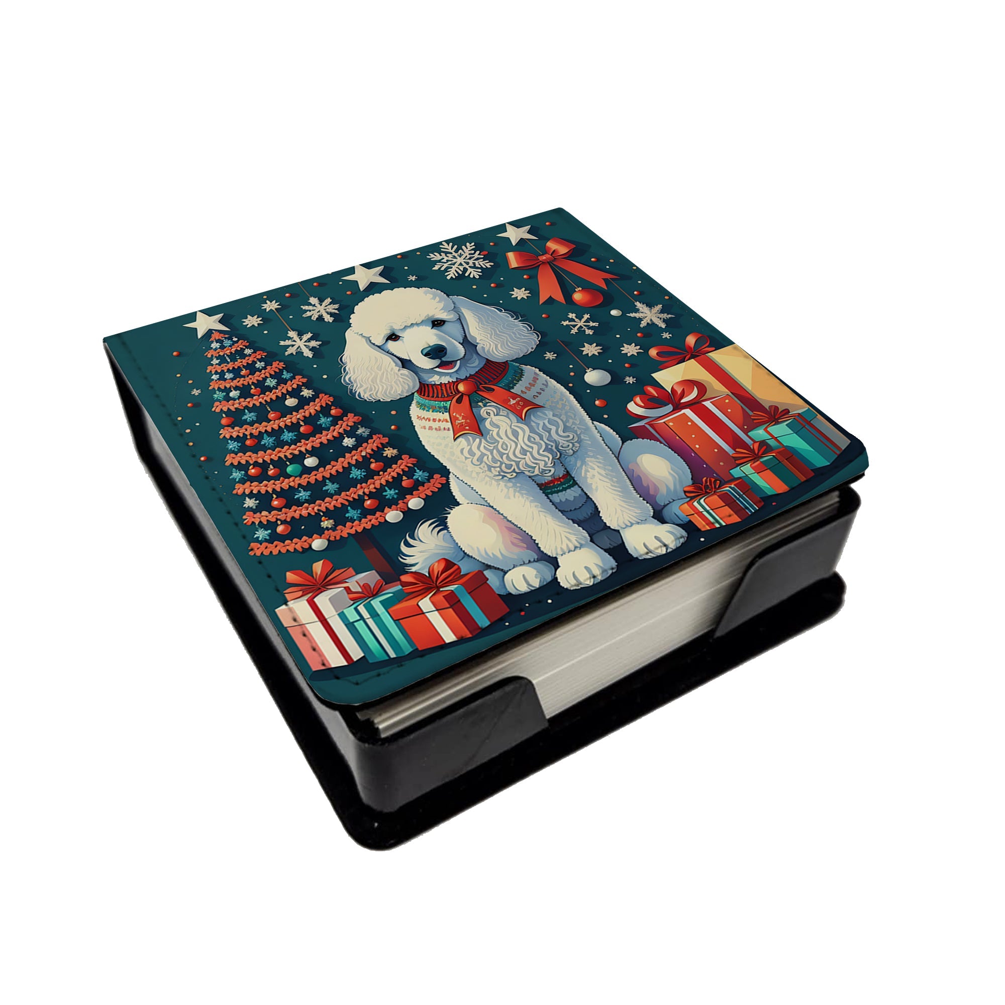 White Poodle Christmas PU Leather Note Paper Holder with Artist-Designed Cover, Desk Accessory, Office Gift