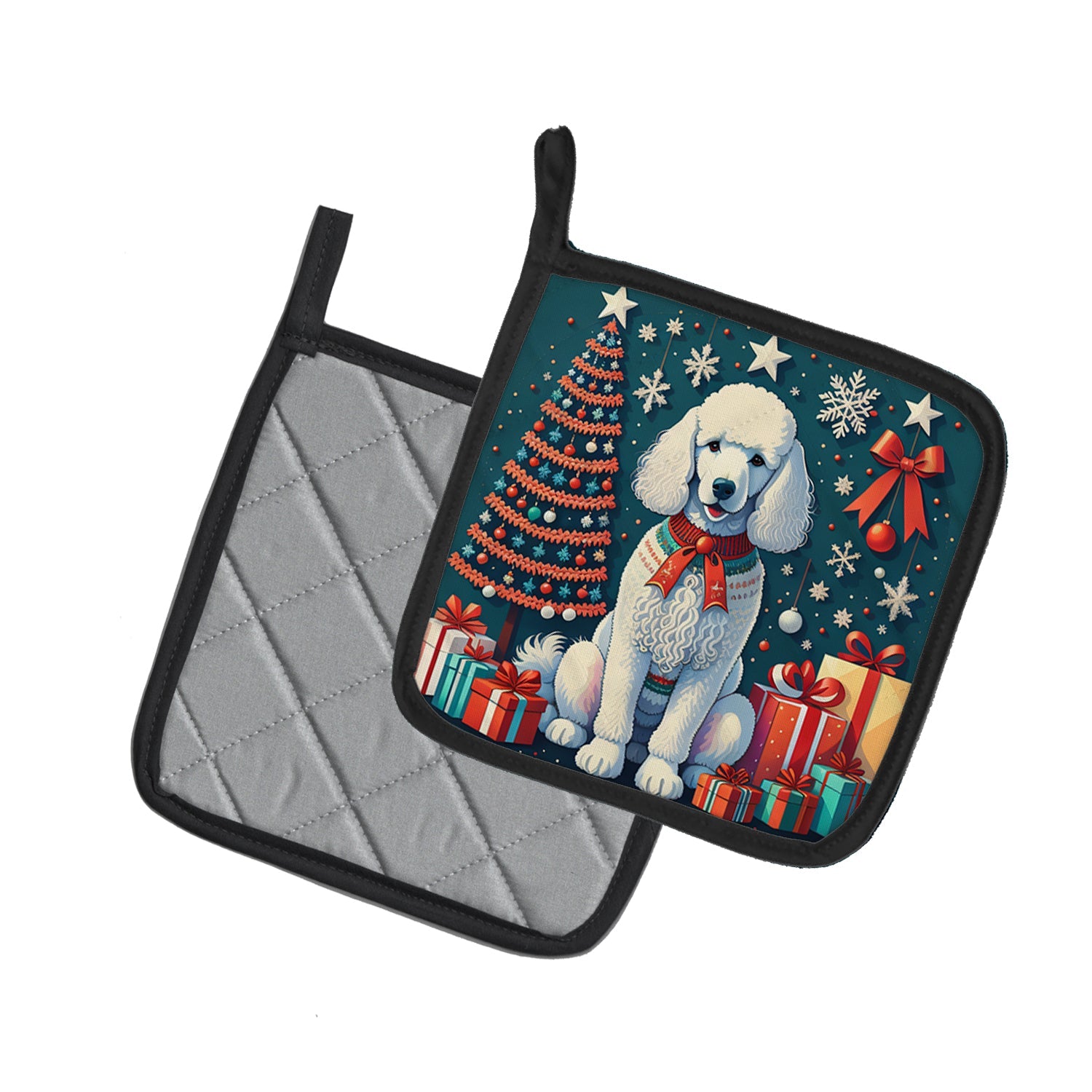 White Poodle Christmas Pot Holder Set of 2 Heat Resistant Quilted Hot Pads 7.5 x 7.5 Inch, Insulated Kitchen Trivets for Cooking & Baking