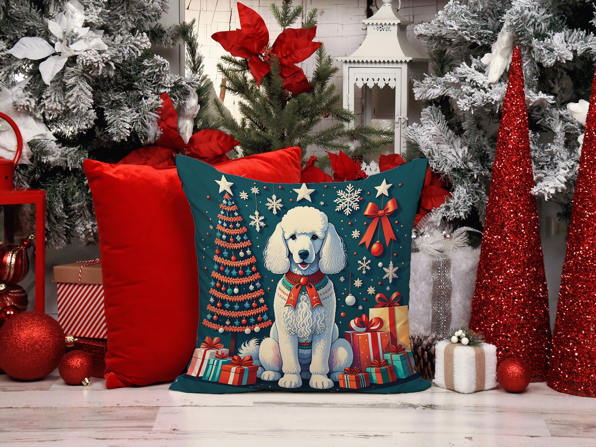 White Poodle Christmas Decorative Throw Pillow 14x14 Indoor Outdoor Accent Cushion, Fabric Cover with Insert for Sofa, Bed, Porch & Living Room