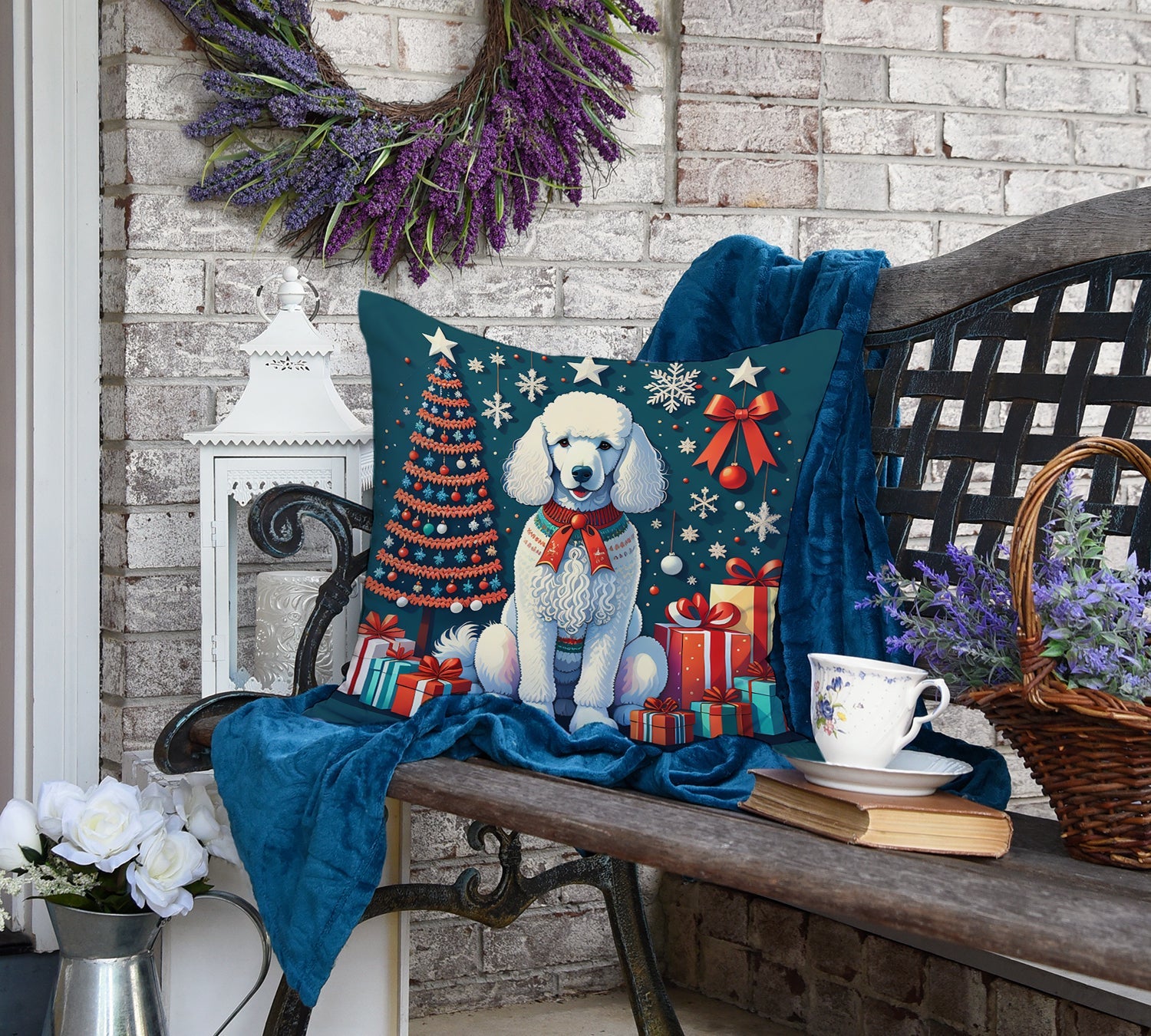 White Poodle Christmas Decorative Throw Pillow 18x18 Indoor Outdoor Accent Cushion, Fabric Cover with Insert for Sofa, Bed, Porch & Living Room