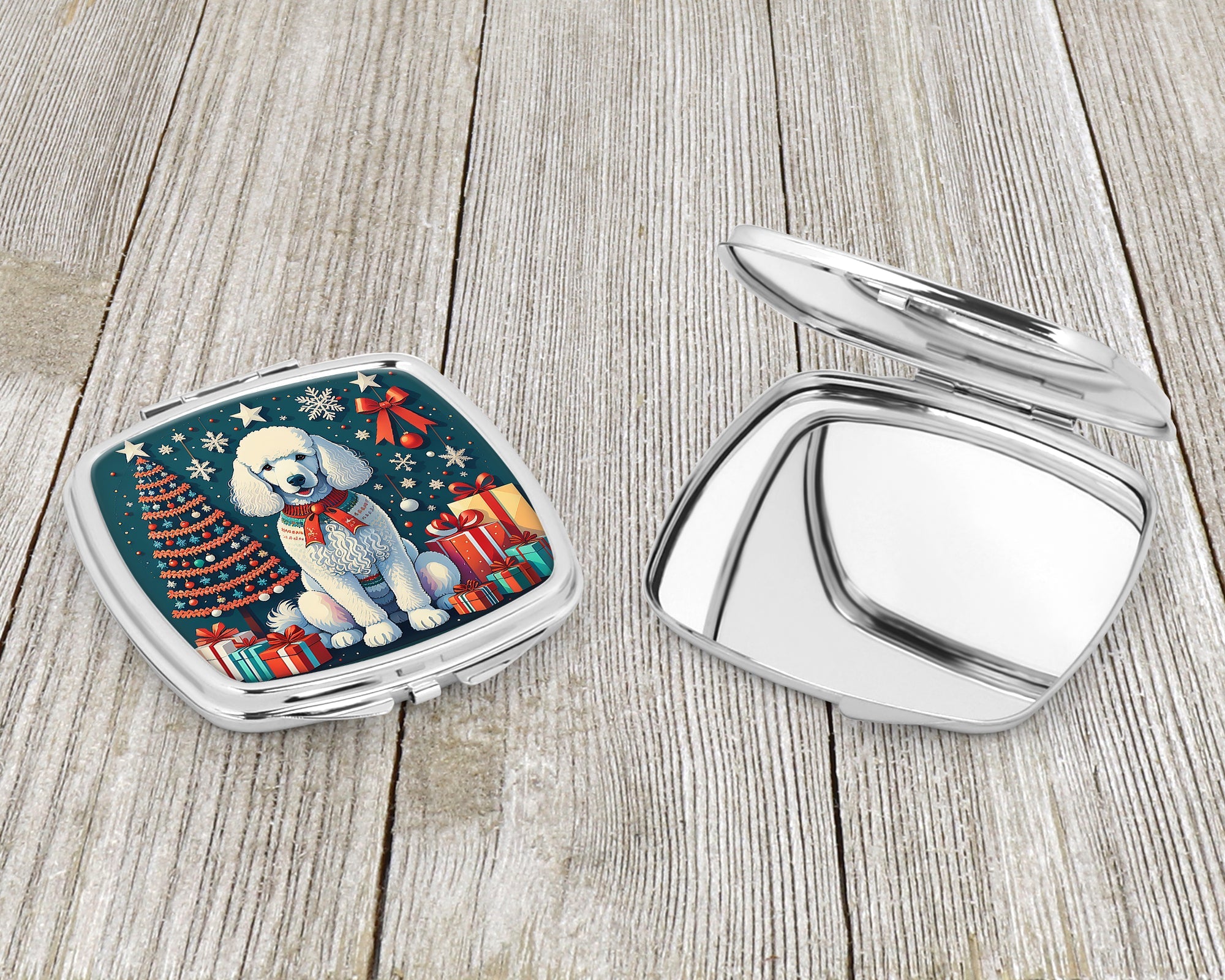 White Poodle Christmas Compact Mirror Decorative Travel Makeup Mirror for Women Girls Gifts Pocket Makeup Mirror Folding Handheld