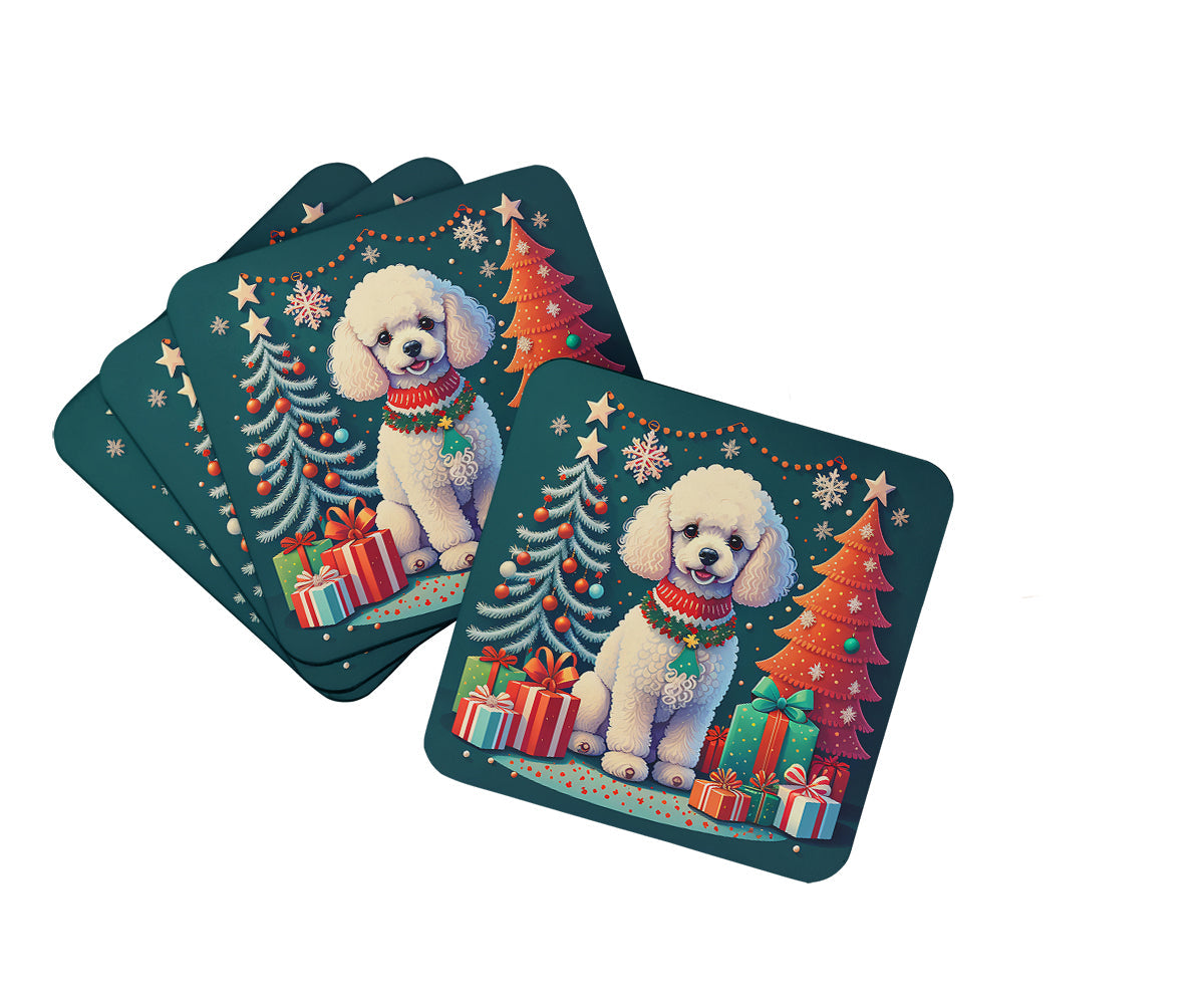 White Toy Poodle Christmas Foam Coasters Set of 4 Cup Coasters for Indoor Outdoor, Tabletop Protection, Anti Slip, Mouse pad Material