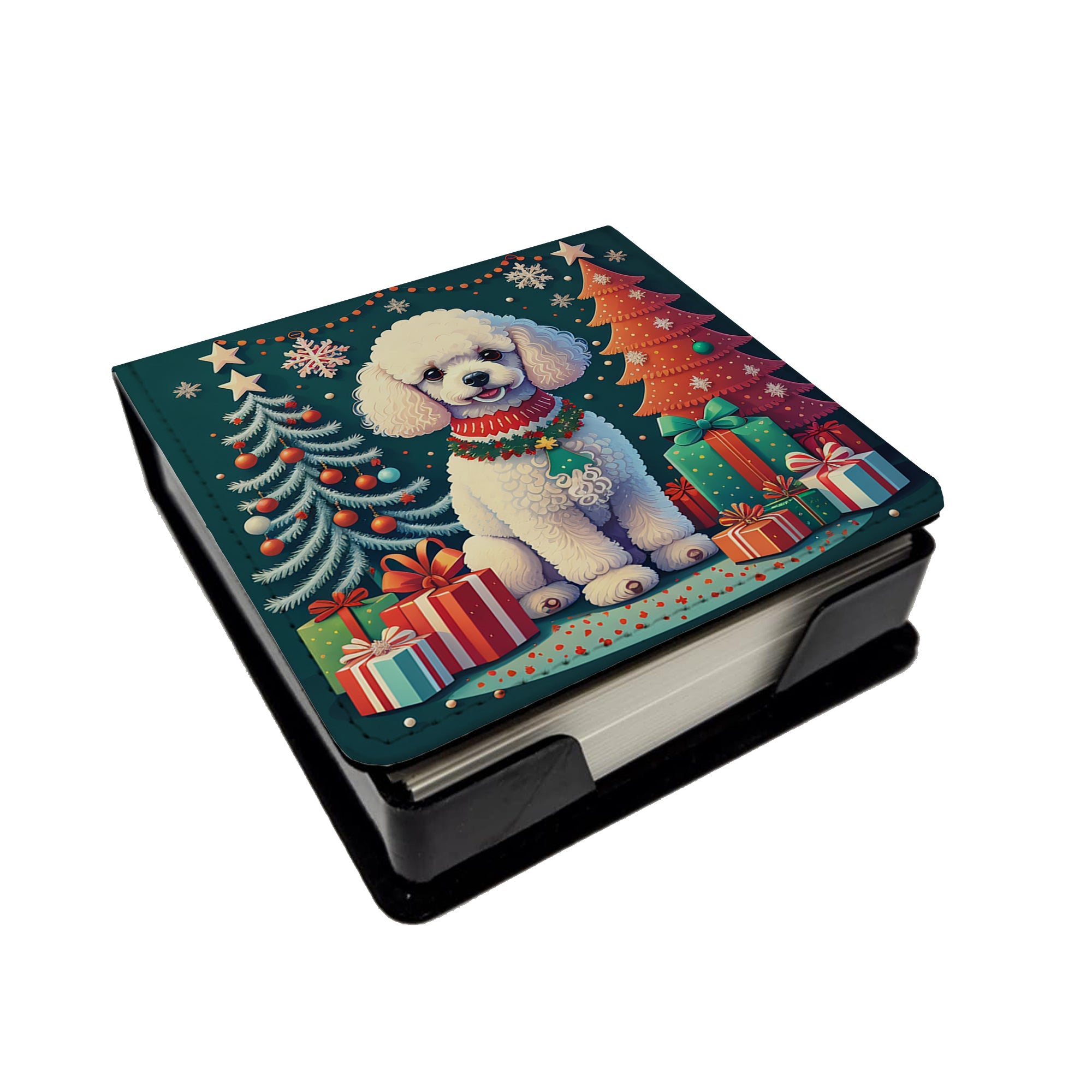 White Toy Poodle Christmas PU Leather Note Paper Holder with Artist-Designed Cover, Desk Accessory, Office Gift