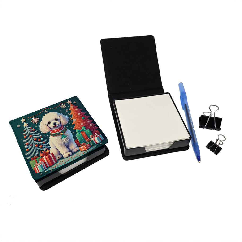 White Toy Poodle Christmas PU Leather Note Paper Holder with Artist-Designed Cover, Desk Accessory, Office Gift