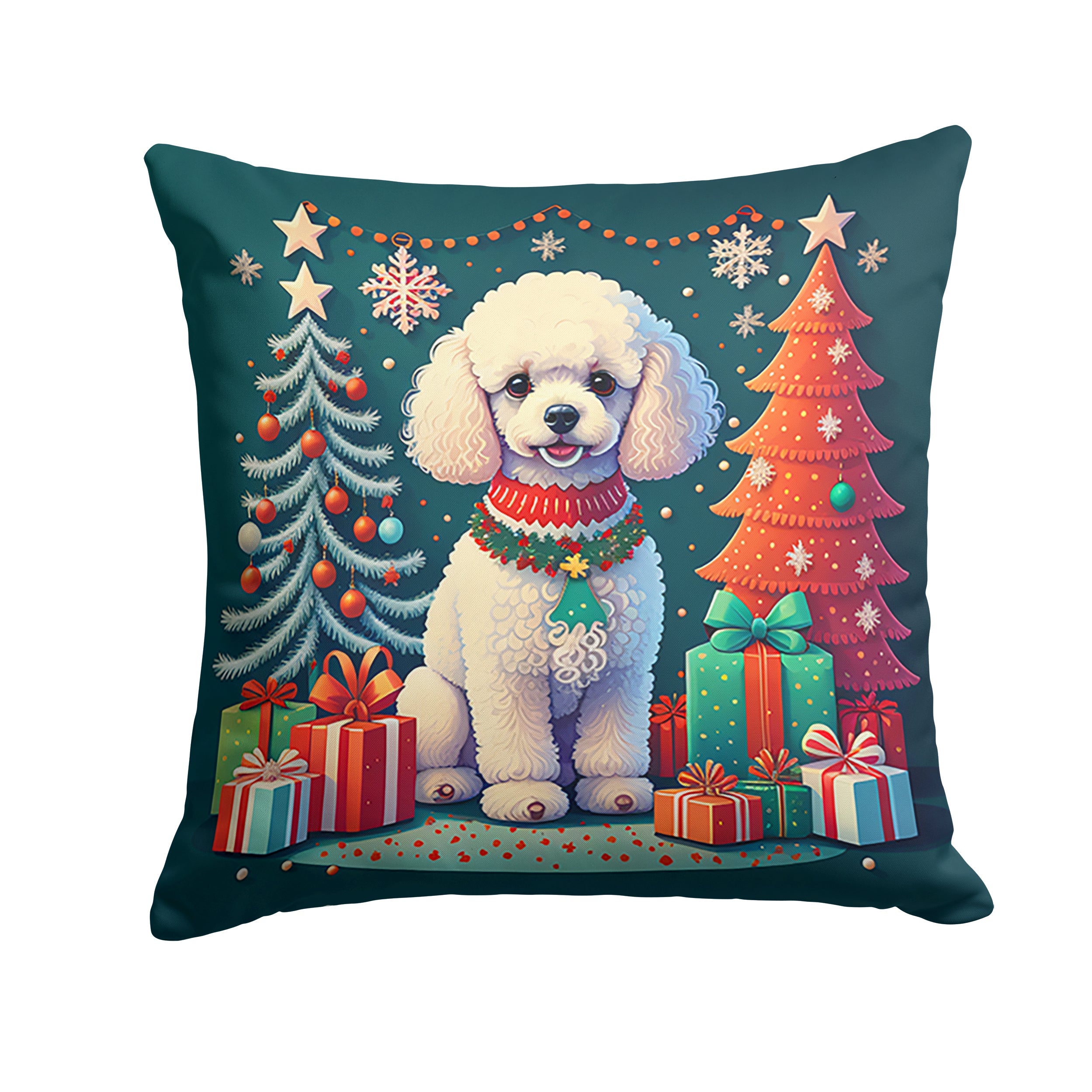 White Toy Poodle Christmas Decorative Throw Pillow 14x14 Indoor Outdoor Accent Cushion, Fabric Cover with Insert for Sofa, Bed, Porch & Living Room
