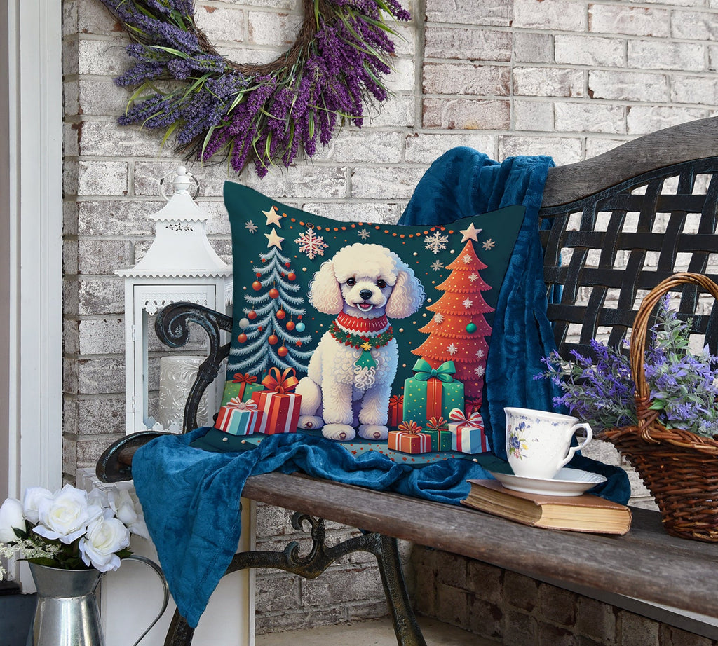 White Toy Poodle Christmas Decorative Throw Pillow 18x18 Indoor Outdoor Accent Cushion, Fabric Cover with Insert for Sofa, Bed, Porch & Living Room