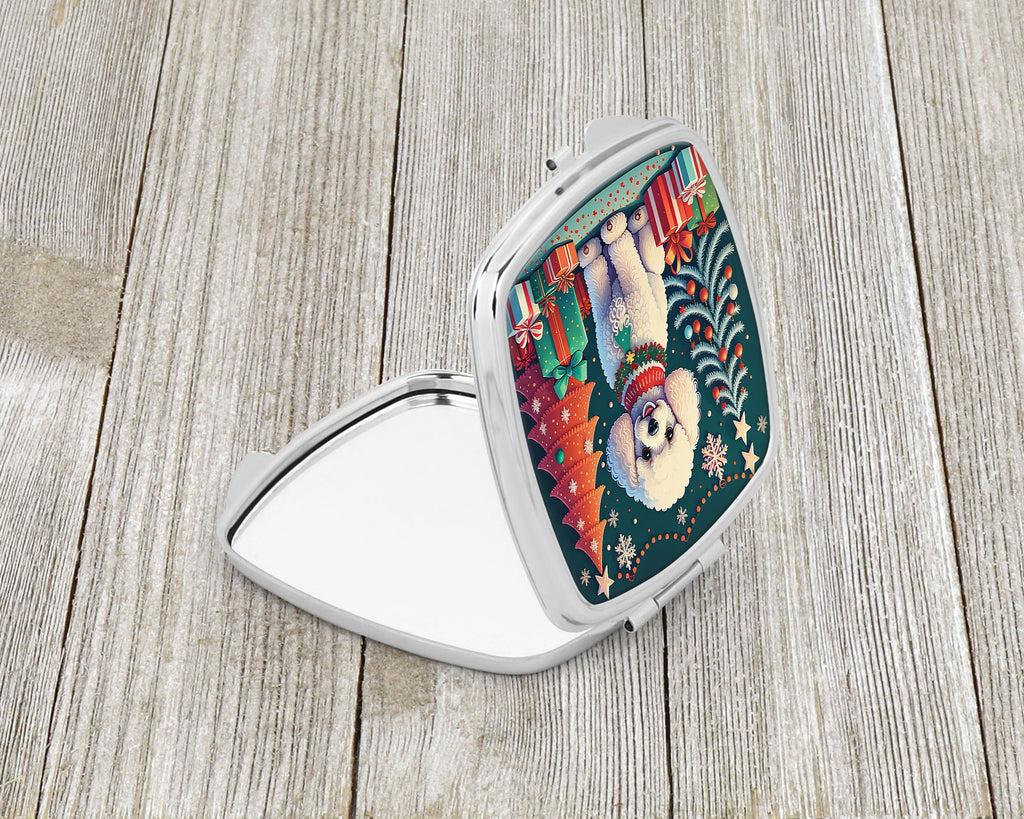 White Toy Poodle Christmas Compact Mirror Decorative Travel Makeup Mirror for Women Girls Gifts Pocket Makeup Mirror Folding Handheld