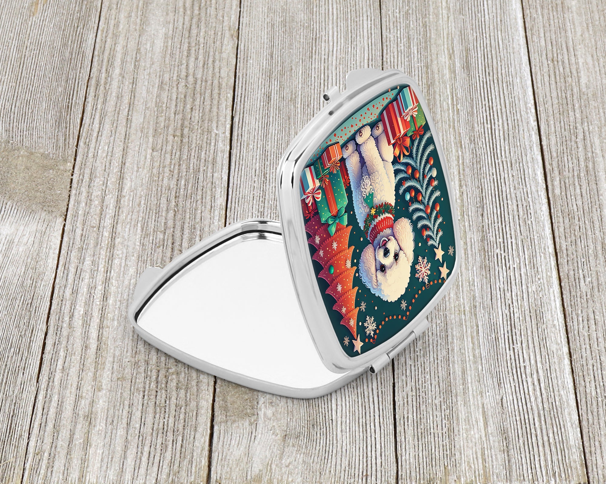 White Toy Poodle Christmas Compact Mirror Decorative Travel Makeup Mirror for Women Girls Gifts Pocket Makeup Mirror Folding Handheld