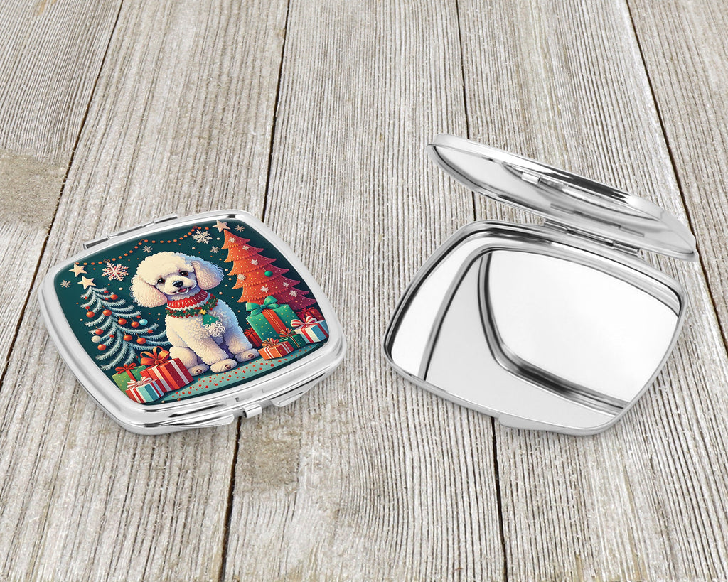 White Toy Poodle Christmas Compact Mirror Decorative Travel Makeup Mirror for Women Girls Gifts Pocket Makeup Mirror Folding Handheld