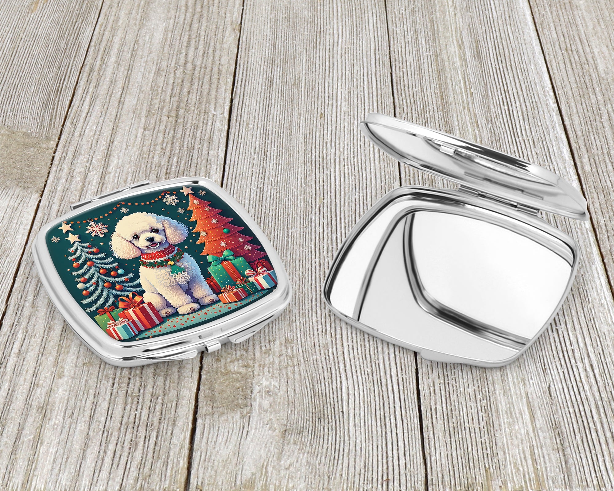 White Toy Poodle Christmas Compact Mirror Decorative Travel Makeup Mirror for Women Girls Gifts Pocket Makeup Mirror Folding Handheld