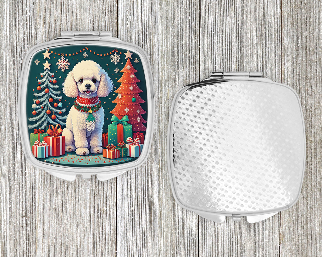 White Toy Poodle Christmas Compact Mirror Decorative Travel Makeup Mirror for Women Girls Gifts Pocket Makeup Mirror Folding Handheld