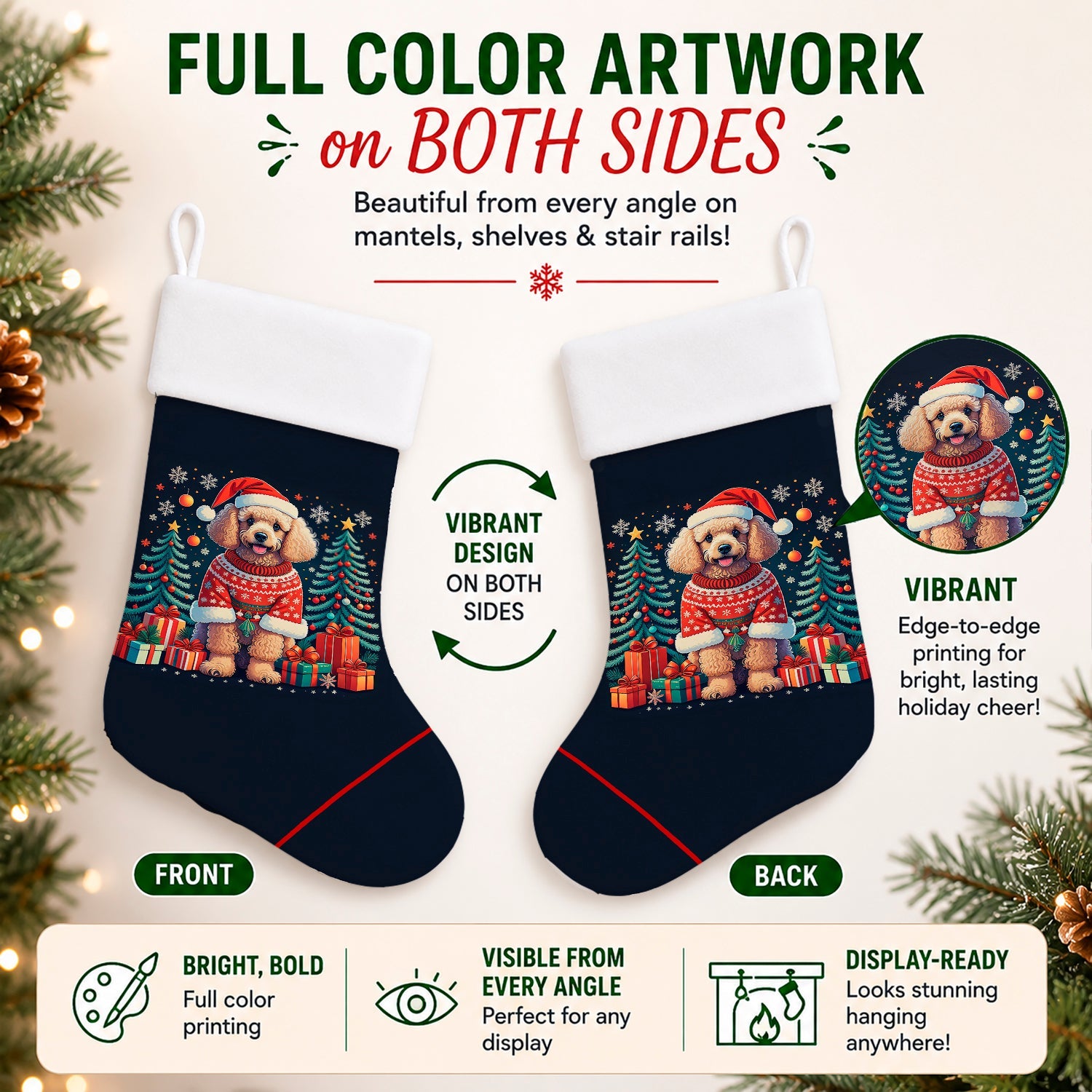 Apricot Toy Poodle Christmas Holiday Stocking Double-Sided Print, Polyester Suede,11x18, Made in USA