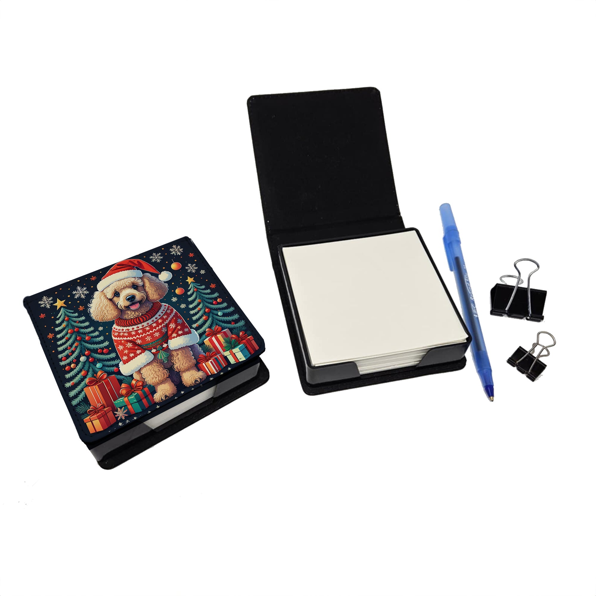 Apricot Toy Poodle Christmas PU Leather Note Paper Holder with Artist-Designed Cover, Desk Accessory, Office Gift