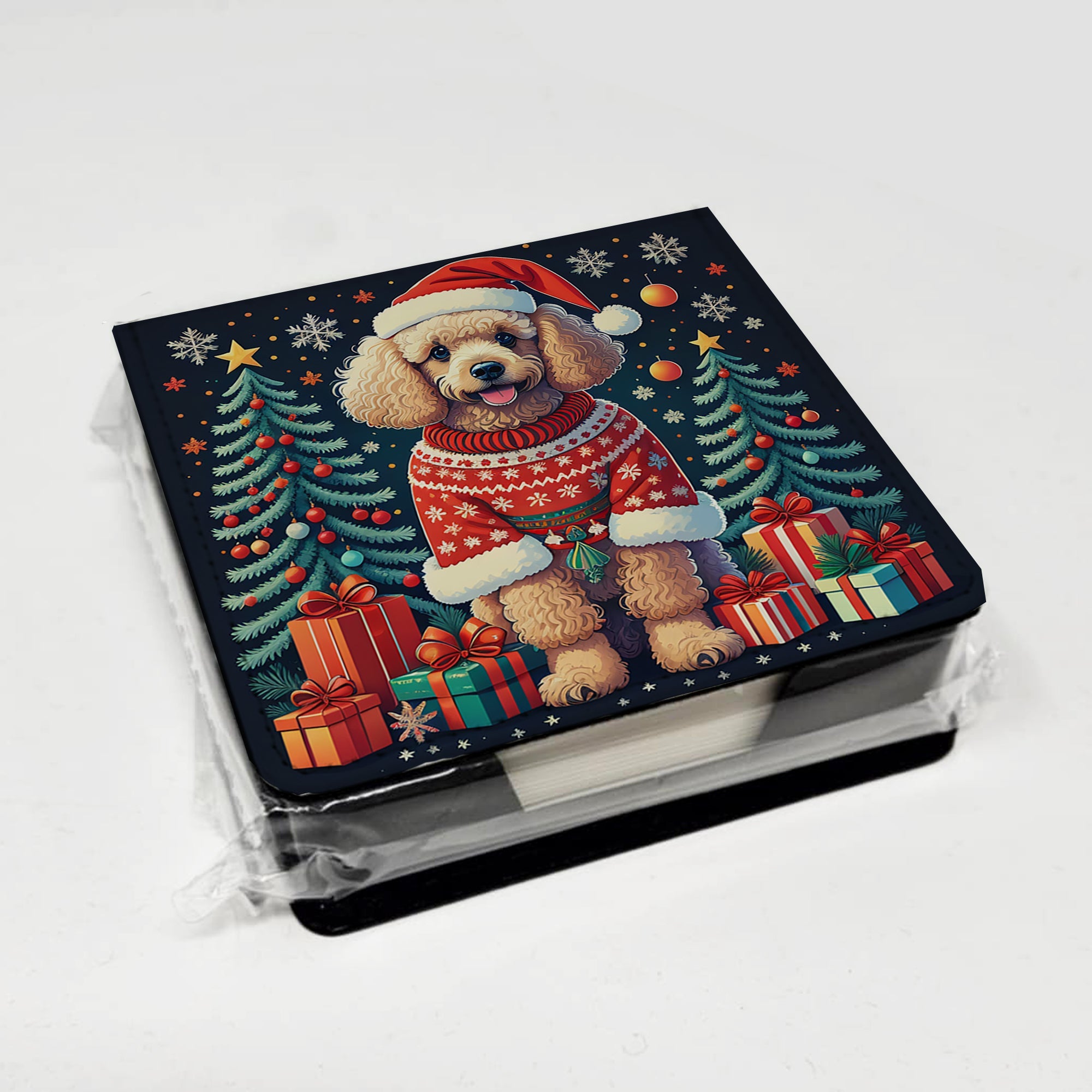 Apricot Toy Poodle Christmas PU Leather Note Paper Holder with Artist-Designed Cover, Desk Accessory, Office Gift