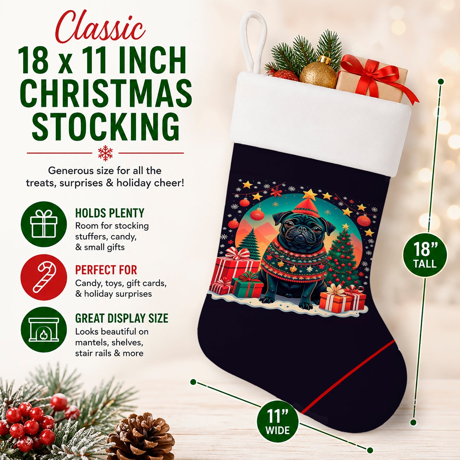 Black Pug Christmas Holiday Stocking Double-Sided Print, Polyester Suede,11x18, Made in USA