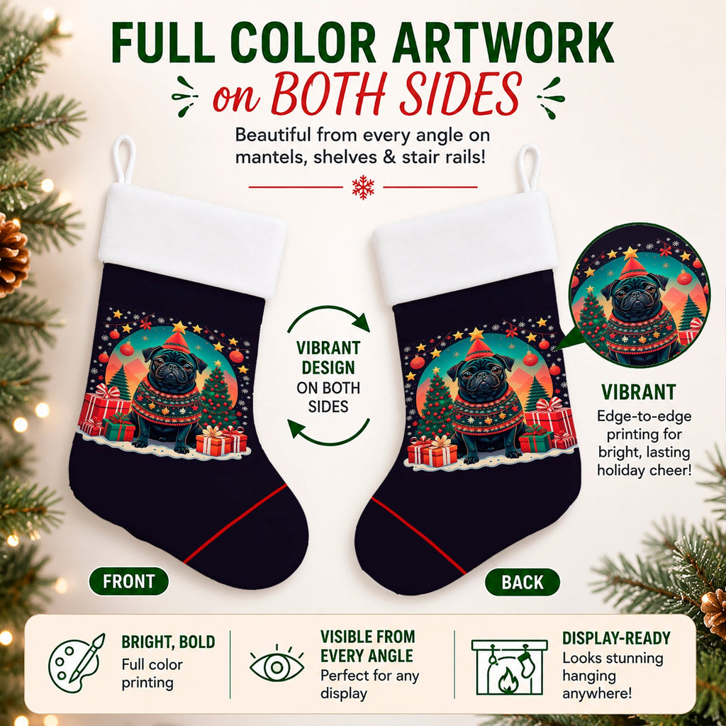 Black Pug Christmas Holiday Stocking Double-Sided Print, Polyester Suede,11x18, Made in USA