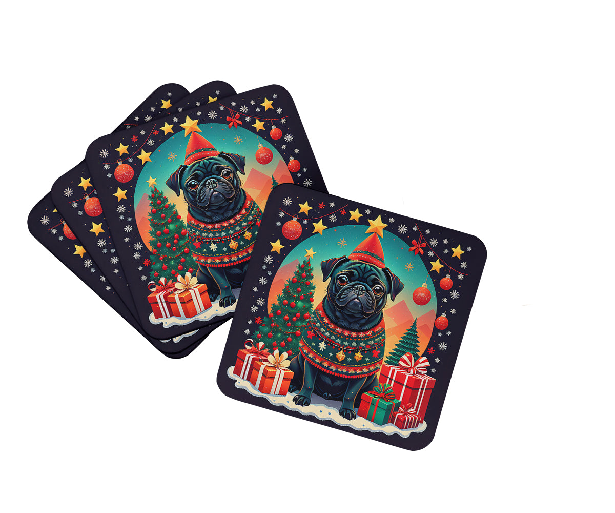 Black Pug Christmas Foam Coasters Set of 4 Cup Coasters for Indoor Outdoor, Tabletop Protection, Anti Slip, Mouse pad Material