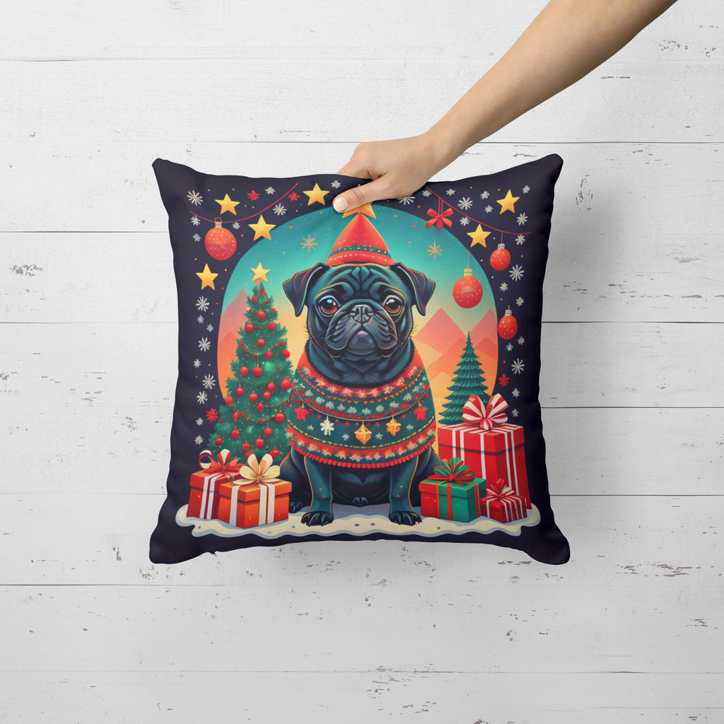 Black Pug Christmas Decorative Throw Pillow 14x14 Indoor Outdoor Accent Cushion, Fabric Cover with Insert for Sofa, Bed, Porch & Living Room