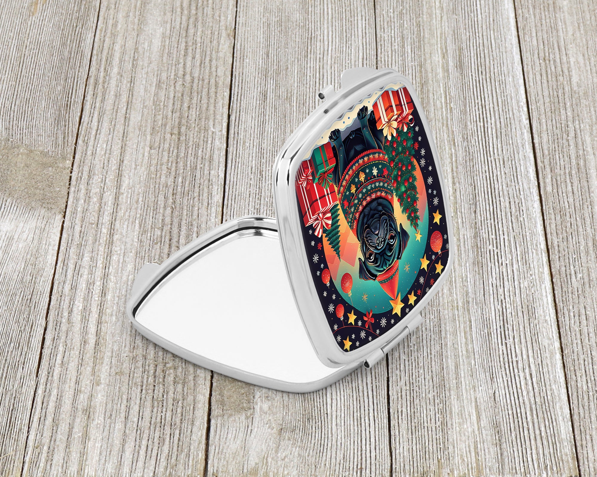 Black Pug Christmas Compact Mirror Decorative Travel Makeup Mirror for Women Girls Gifts Pocket Makeup Mirror Folding Handheld