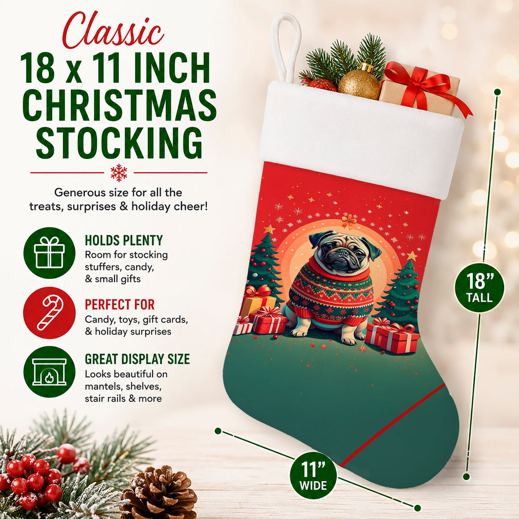 Fawn Pug Christmas Holiday Stocking Double-Sided Print, Polyester Suede,11x18, Made in USA