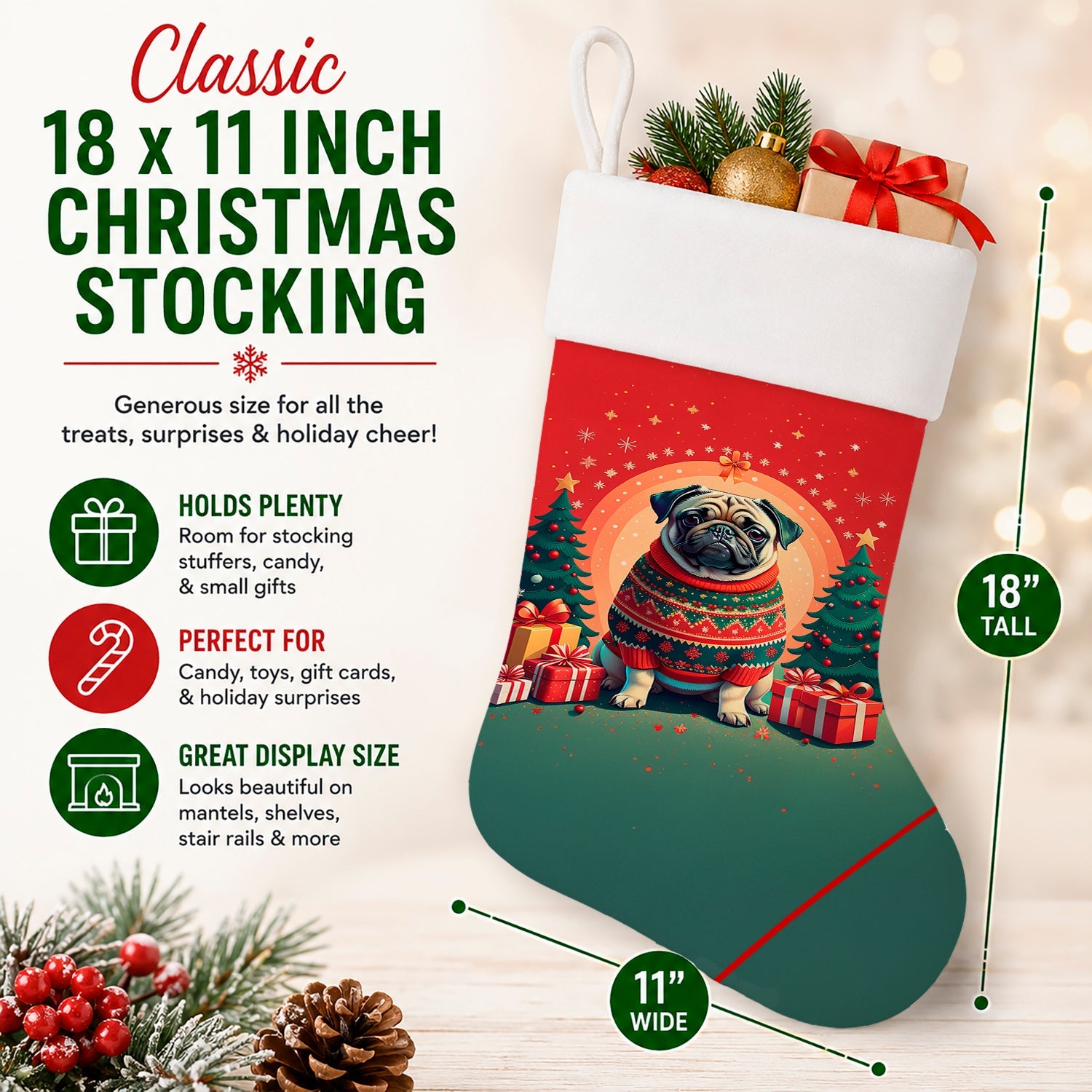 Fawn Pug Christmas Holiday Stocking Double-Sided Print, Polyester Suede,11x18, Made in USA