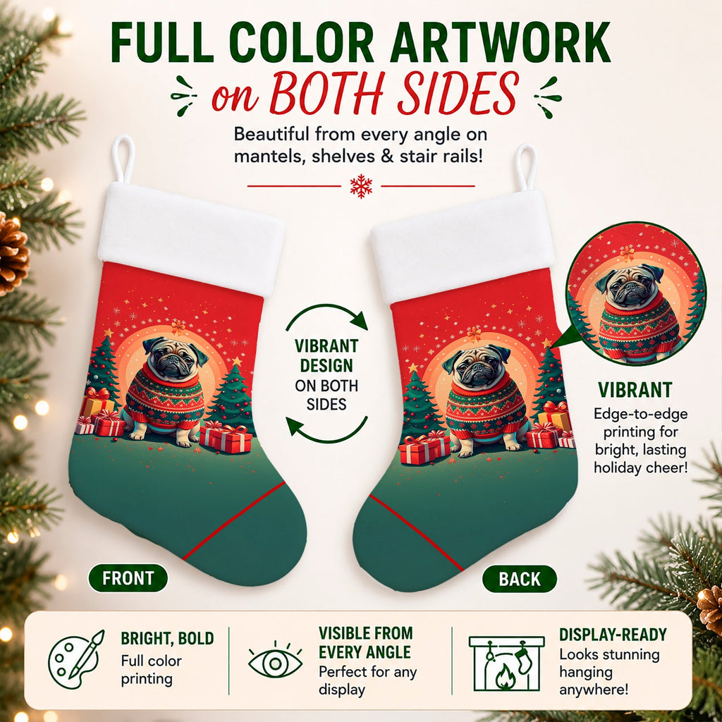 Fawn Pug Christmas Holiday Stocking Double-Sided Print, Polyester Suede,11x18, Made in USA