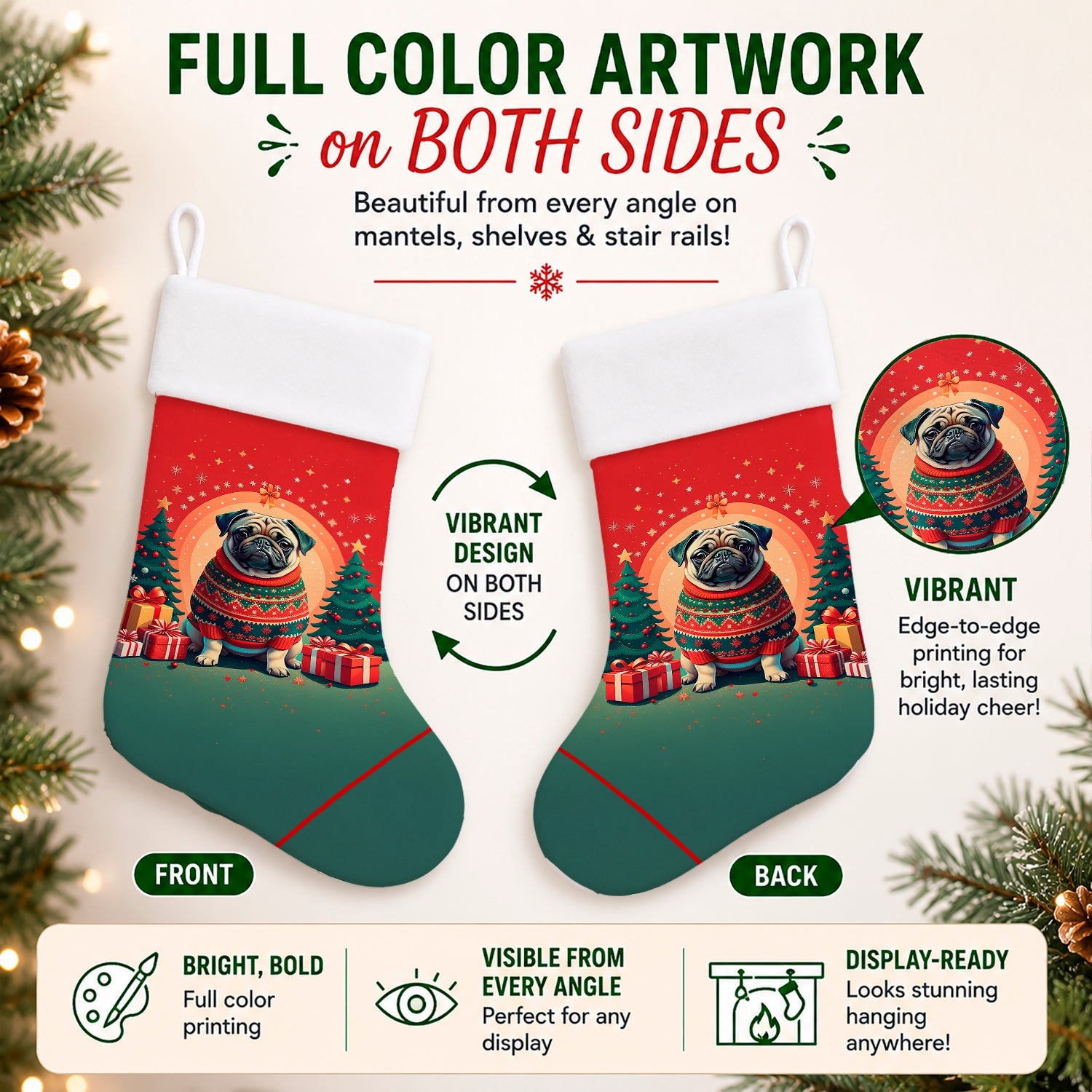 Fawn Pug Christmas Holiday Stocking Double-Sided Print, Polyester Suede,11x18, Made in USA
