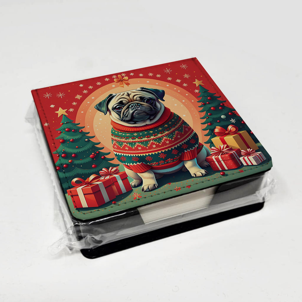 Fawn Pug Christmas PU Leather Note Paper Holder with Artist-Designed Cover, Desk Accessory, Office Gift