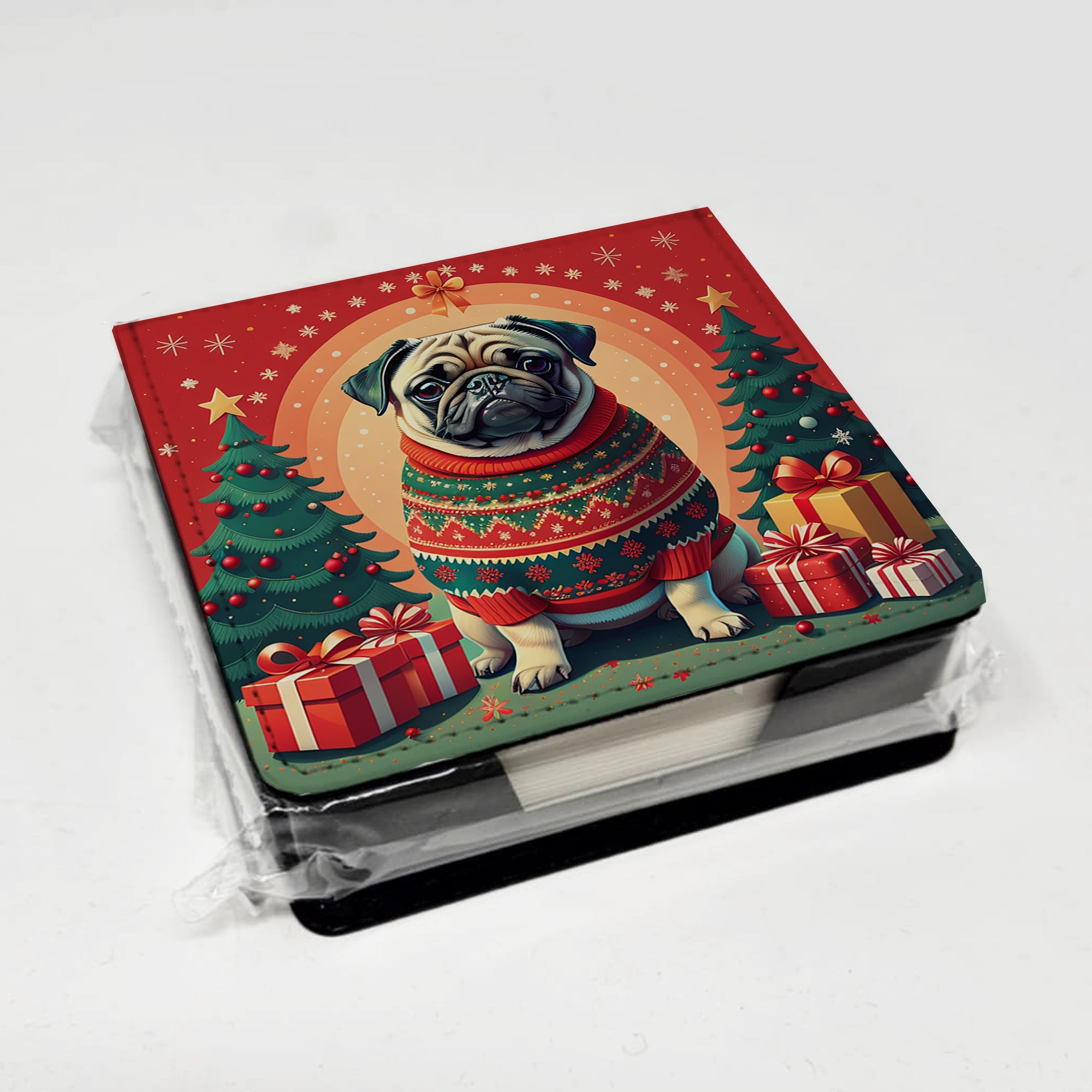 Fawn Pug Christmas PU Leather Note Paper Holder with Artist-Designed Cover, Desk Accessory, Office Gift