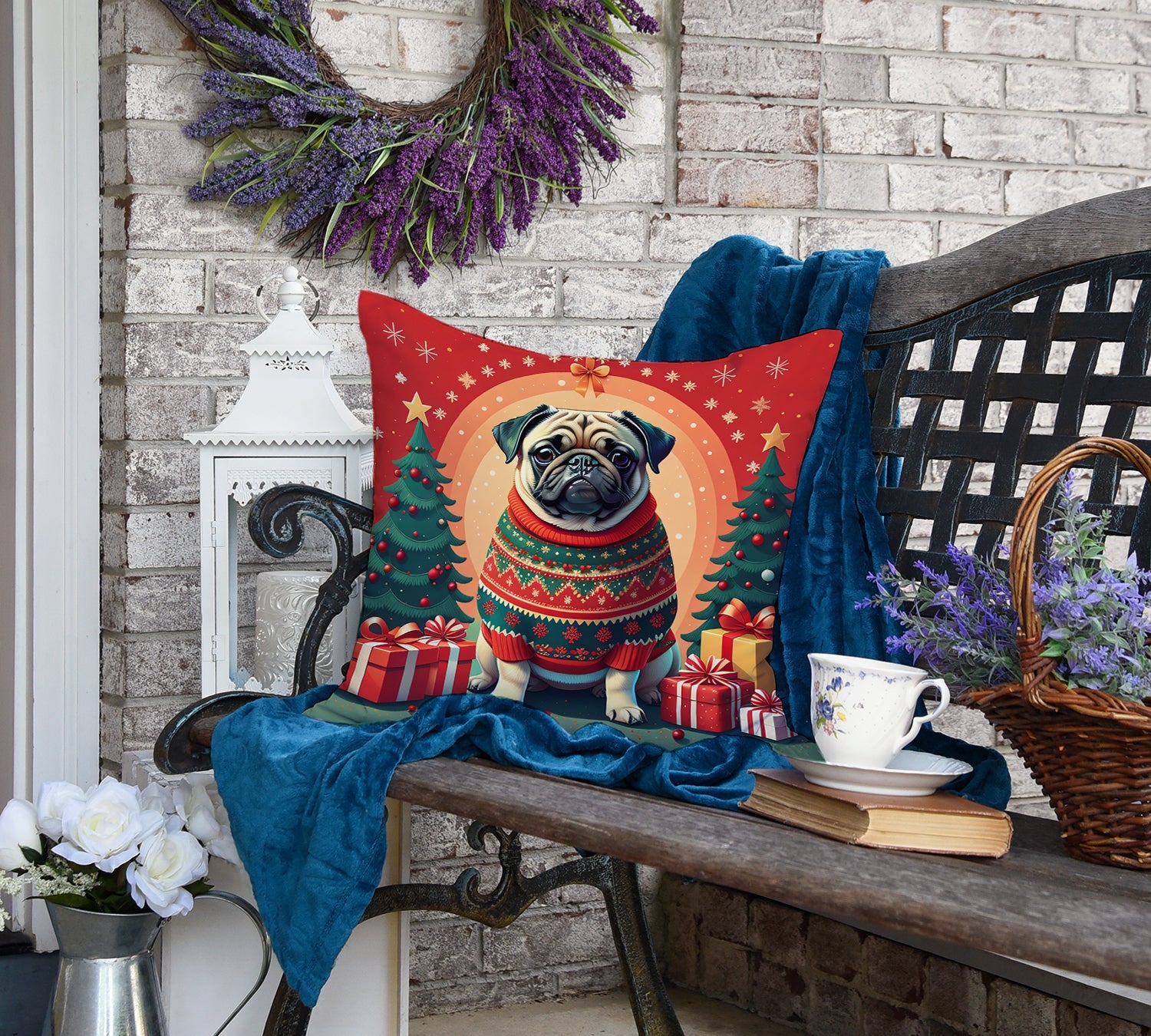 Fawn Pug Christmas Decorative Throw Pillow 18x18 Indoor Outdoor Accent Cushion, Fabric Cover with Insert for Sofa, Bed, Porch & Living Room