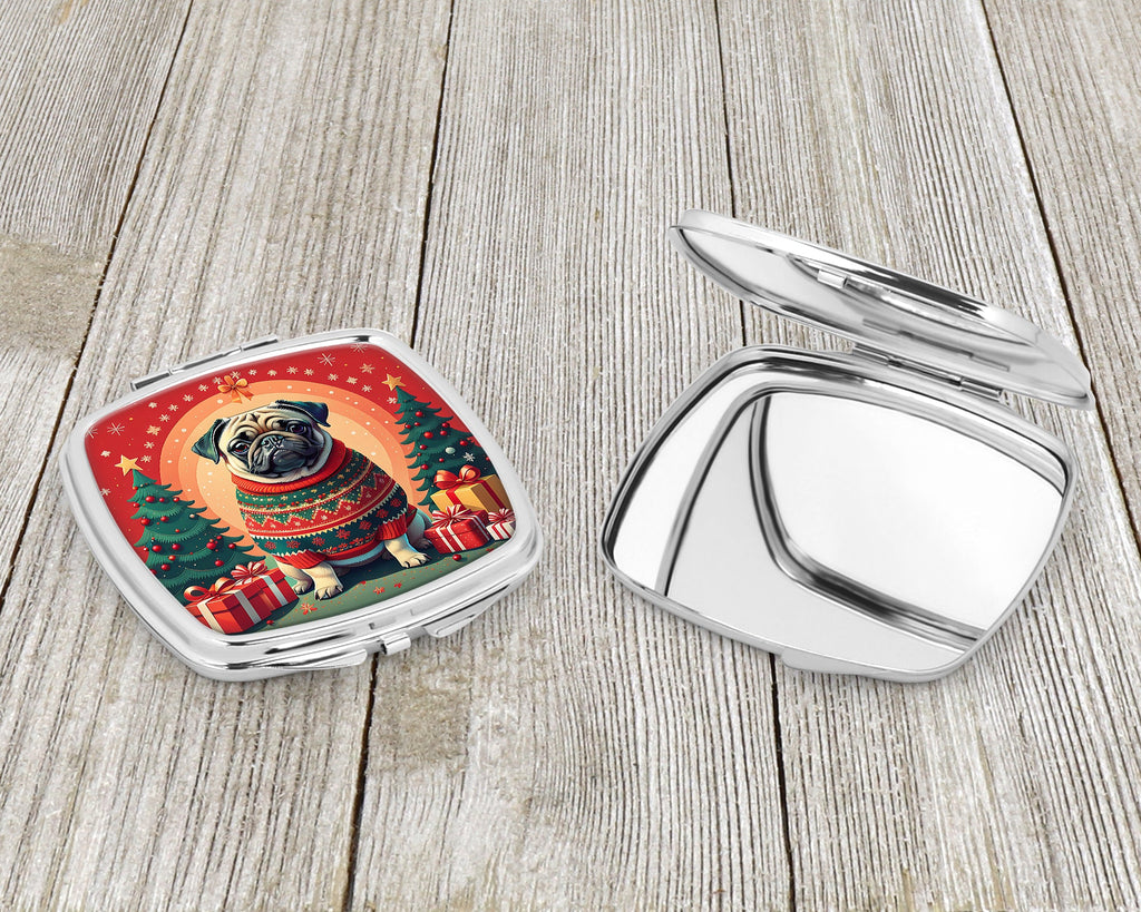 Fawn Pug Christmas Compact Mirror Decorative Travel Makeup Mirror for Women Girls Gifts Pocket Makeup Mirror Folding Handheld