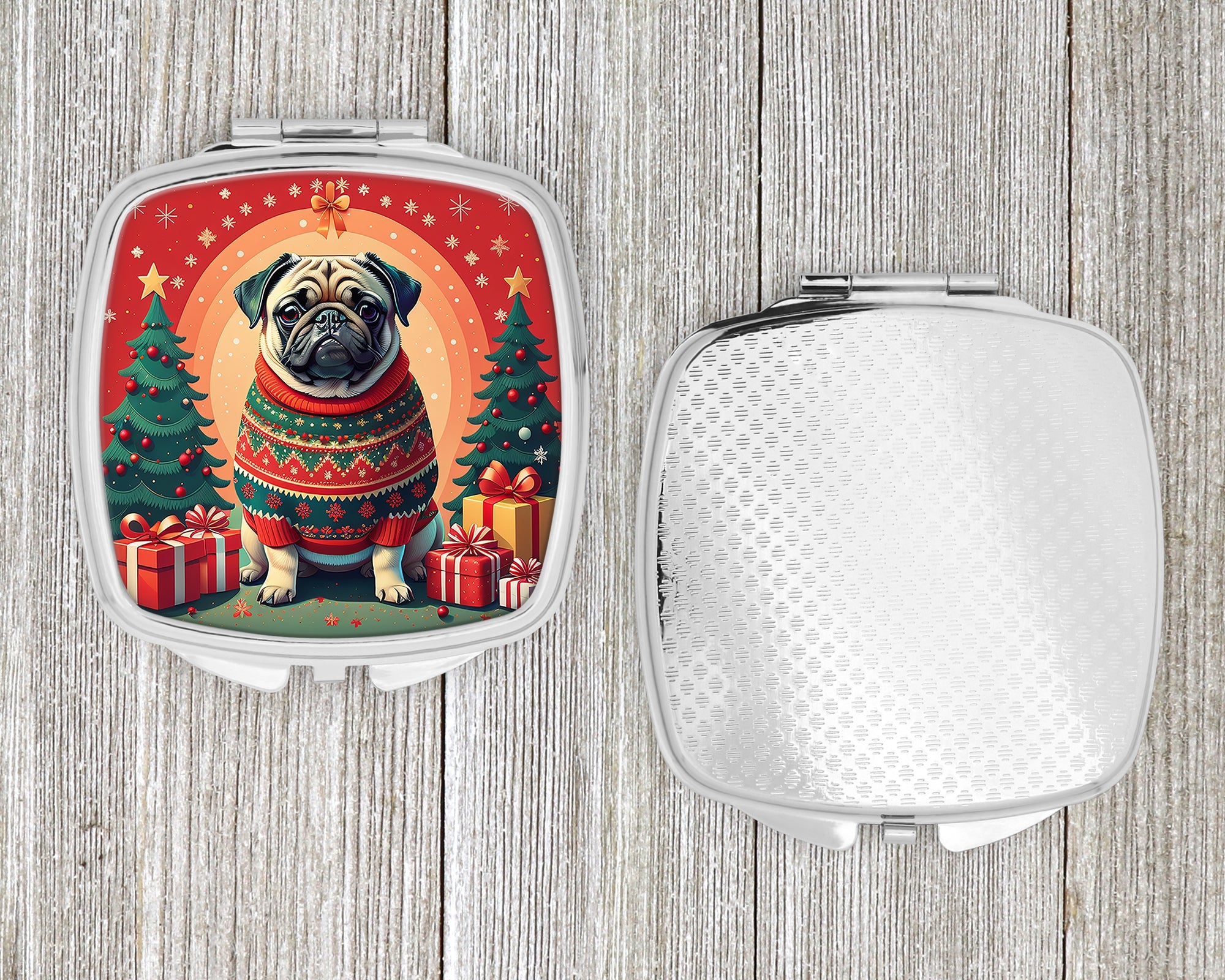 Fawn Pug Christmas Compact Mirror Decorative Travel Makeup Mirror for Women Girls Gifts Pocket Makeup Mirror Folding Handheld