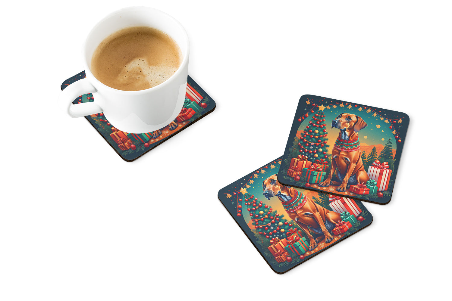 Rhodesian Ridgeback Christmas Foam Coasters Set of 4 Cup Coasters for Indoor Outdoor, Tabletop Protection, Anti Slip, Mouse pad Material