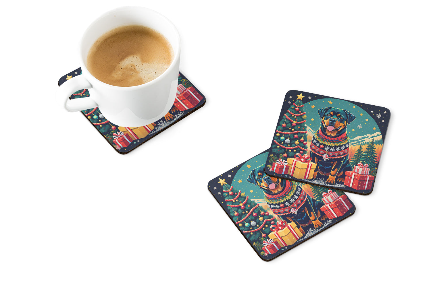 Rottweiler Christmas Foam Coasters Set of 4 Cup Coasters for Indoor Outdoor, Tabletop Protection, Anti Slip, Mouse pad Material